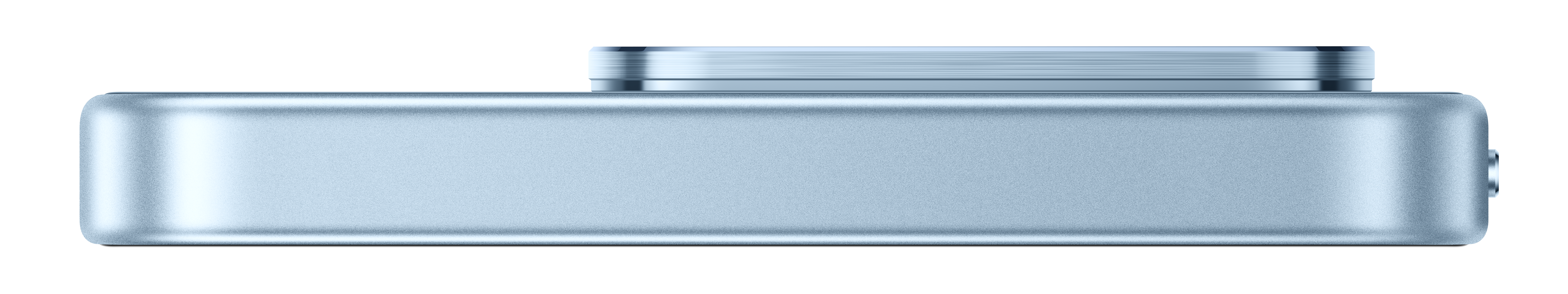 Ein blaues, glattes, rechteckiges Gerät mit einem silbernen kreisförmigen Element oben.
