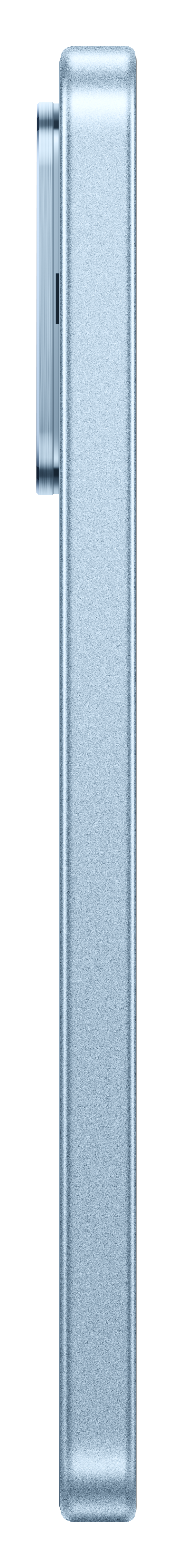 Ein schlankes, hellblaues Smartphone mit einem schwarzen Kameramodul auf der linken Seite.