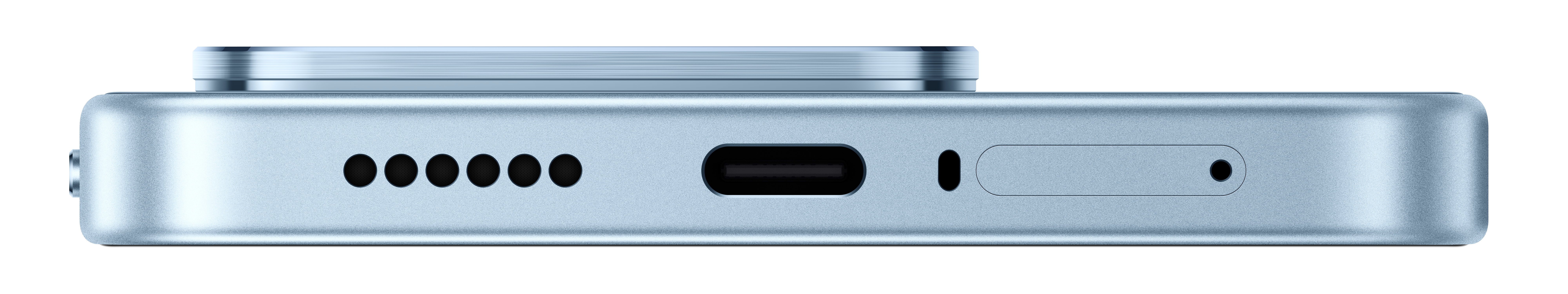 Naheansicht eines hellblauen Smartphones mit USB-C-Anschluss und Lautsprechergrill.