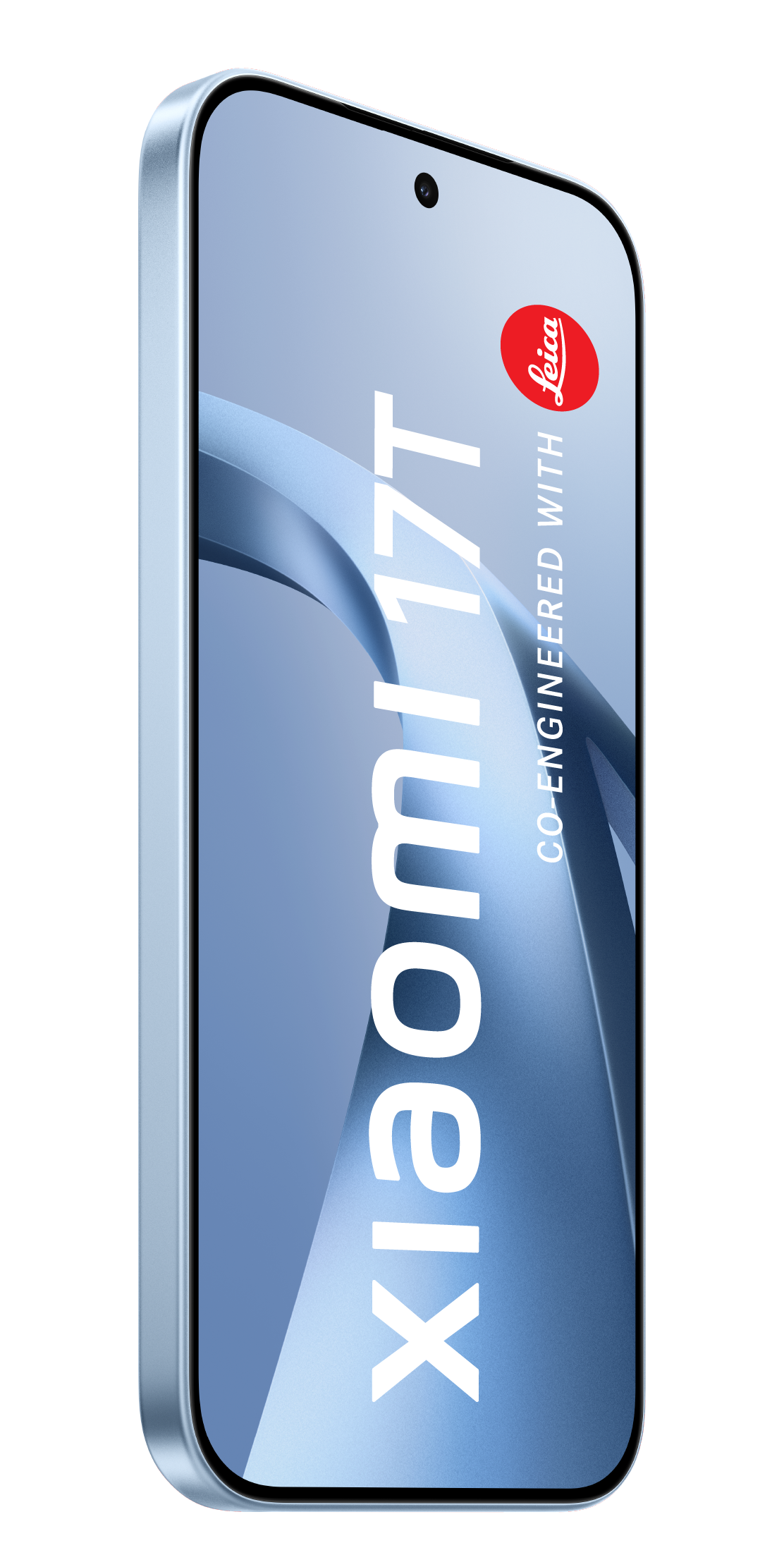 Ein hellblaues Smartphone mit dem Schriftzug "xiaomi 17T" und dem Leica-Logo.