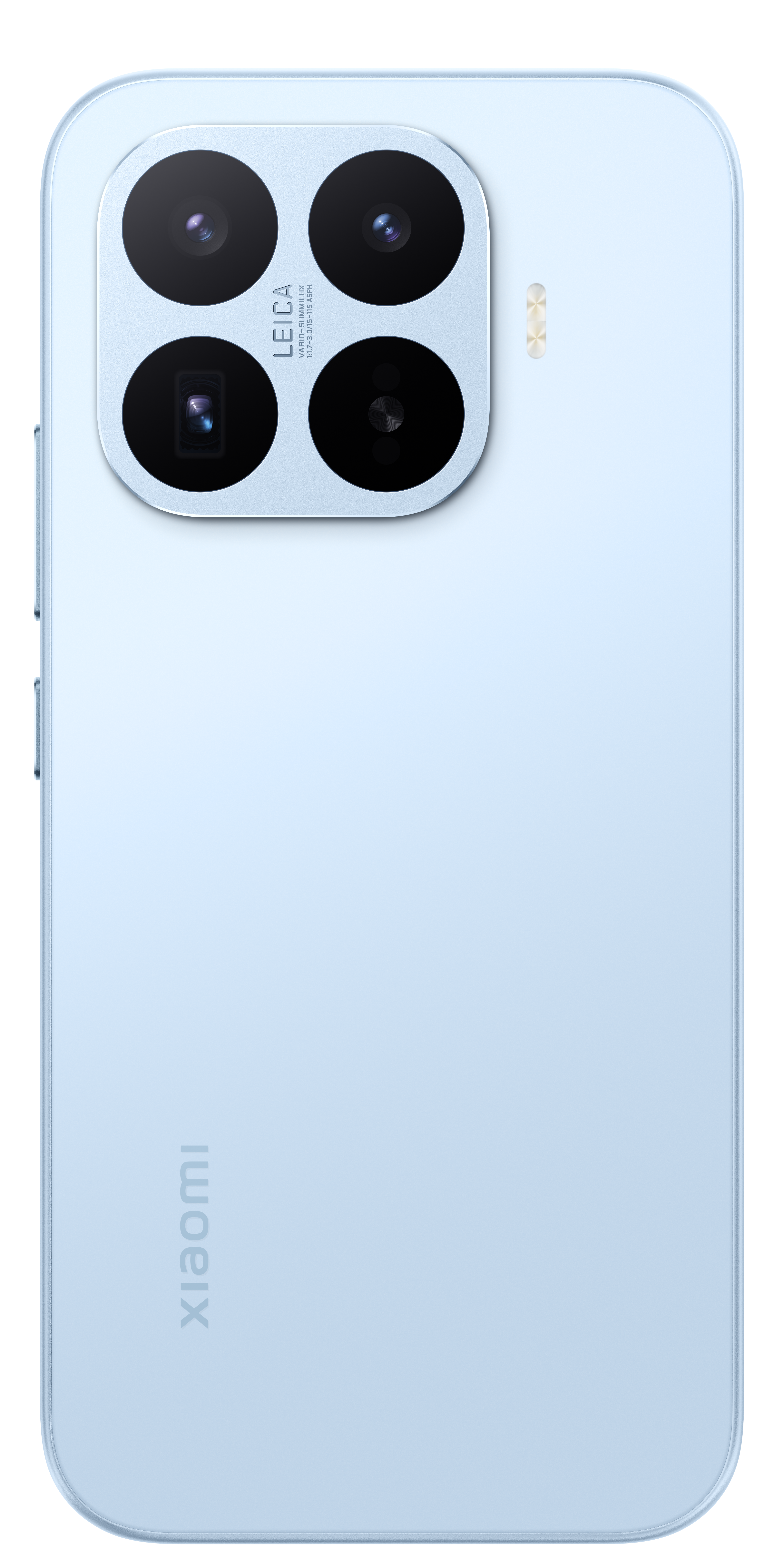 Rückseite eines hellblauen Smartphones mit Leica-Kameraobjektiv-Anordnung.
