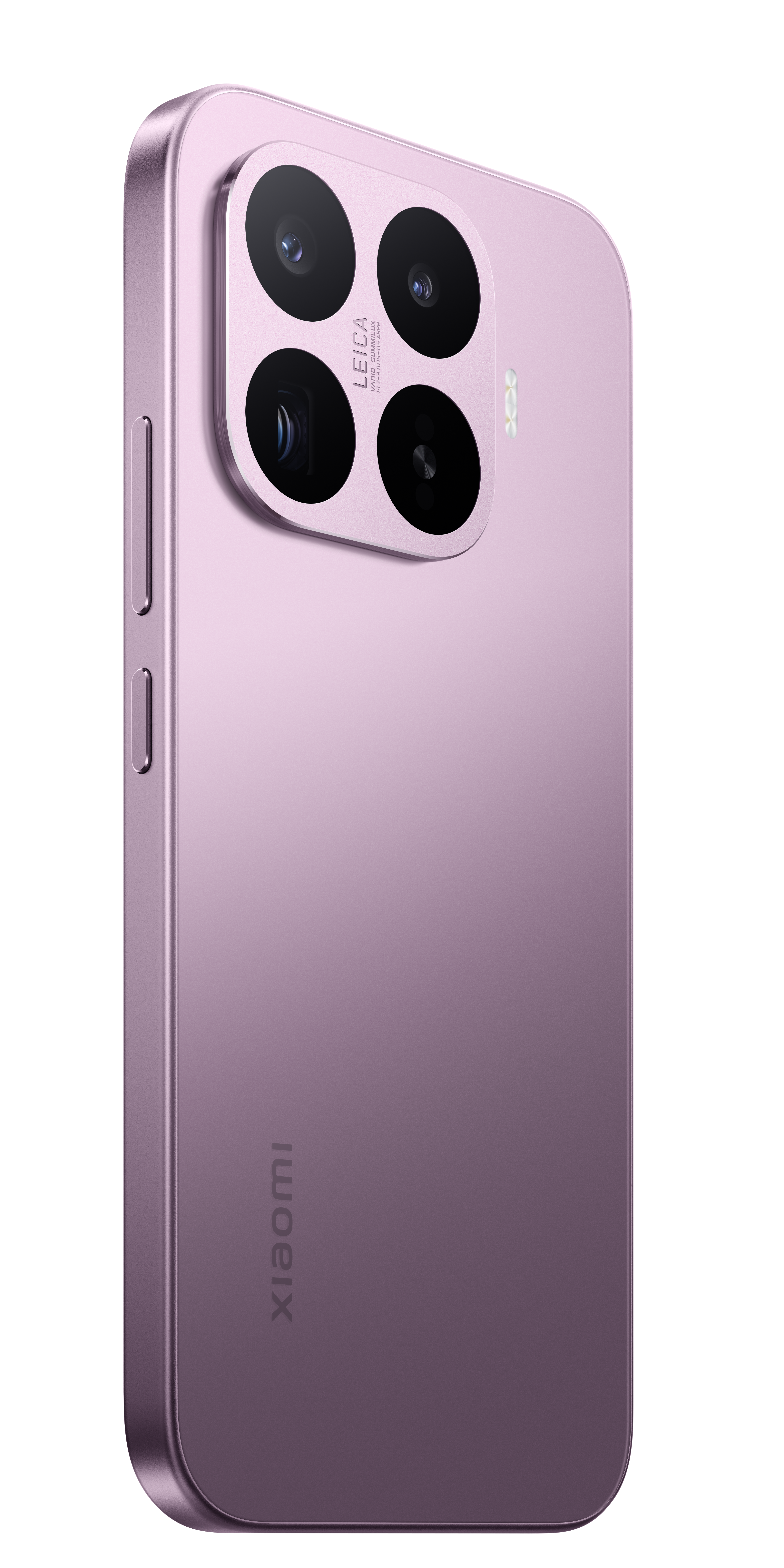 Lila Xiaomi Smartphone mit Leica Kamera Modul auf weißem Hintergrund.