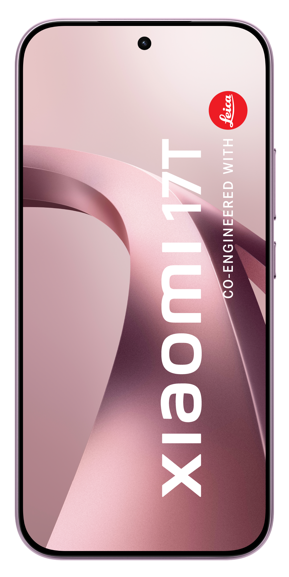 Ein rosafarbenes Smartphone zeigt den Schriftzug Xiaomi 17T und das Leica-Logo.