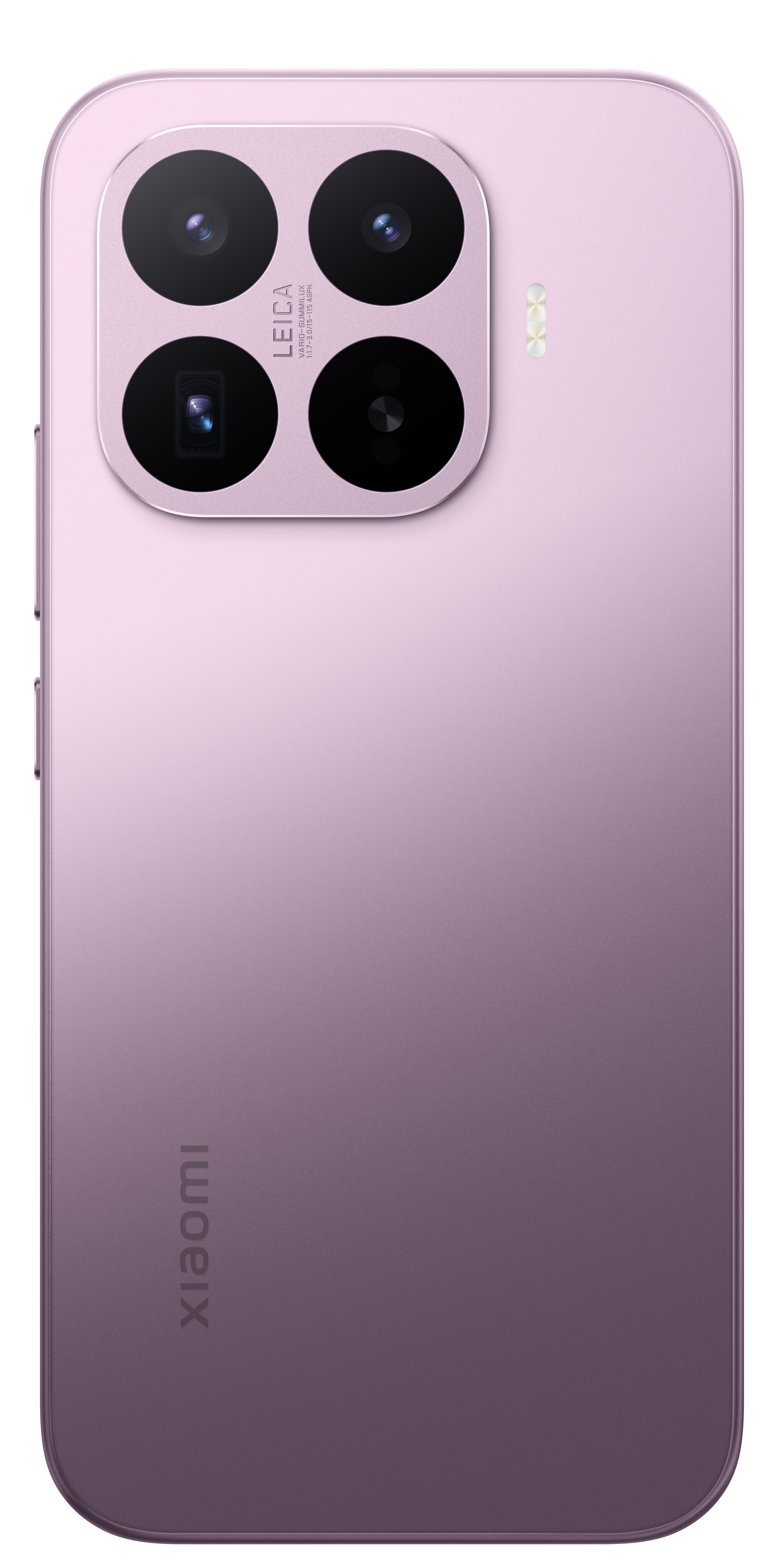 Rückseite eines lila Smartphones mit vier Kameras und Leica-Branding.