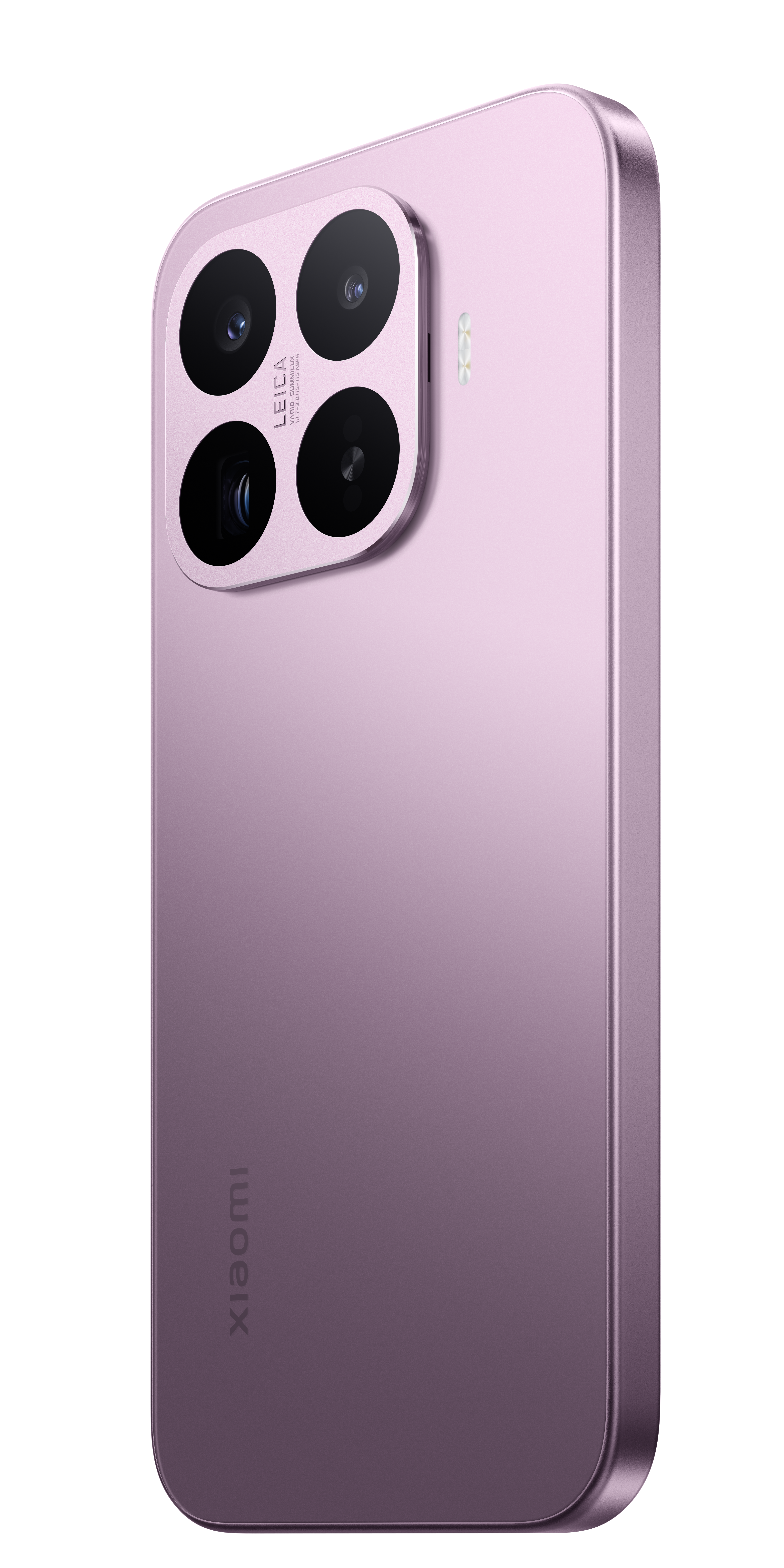 Ein lilafarbenes Smartphone mit vier Kameras und Leica-Branding.