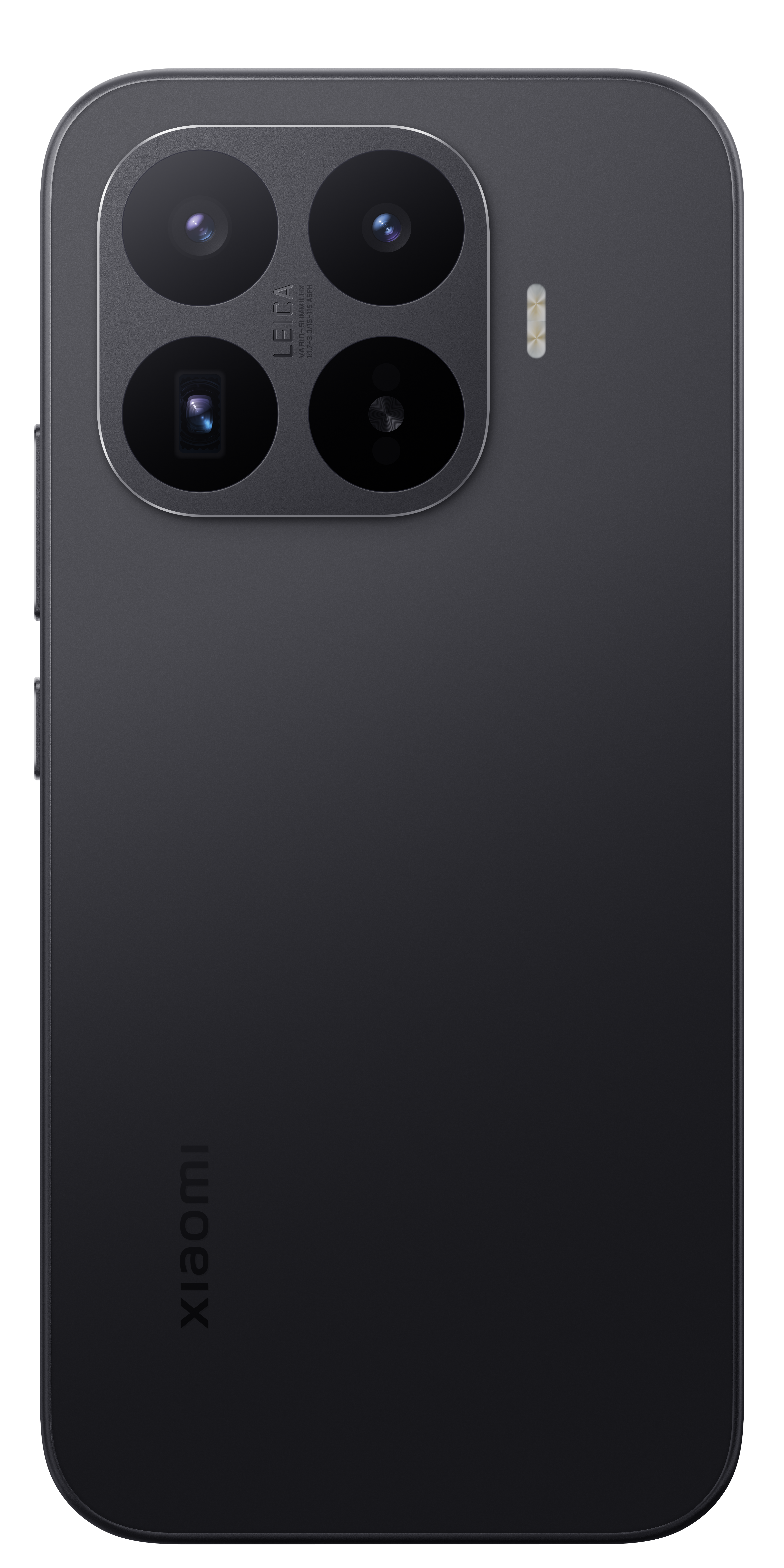 Rückseite eines schwarzen Smartphones mit vier Kameras und dem Leica-Logo.
