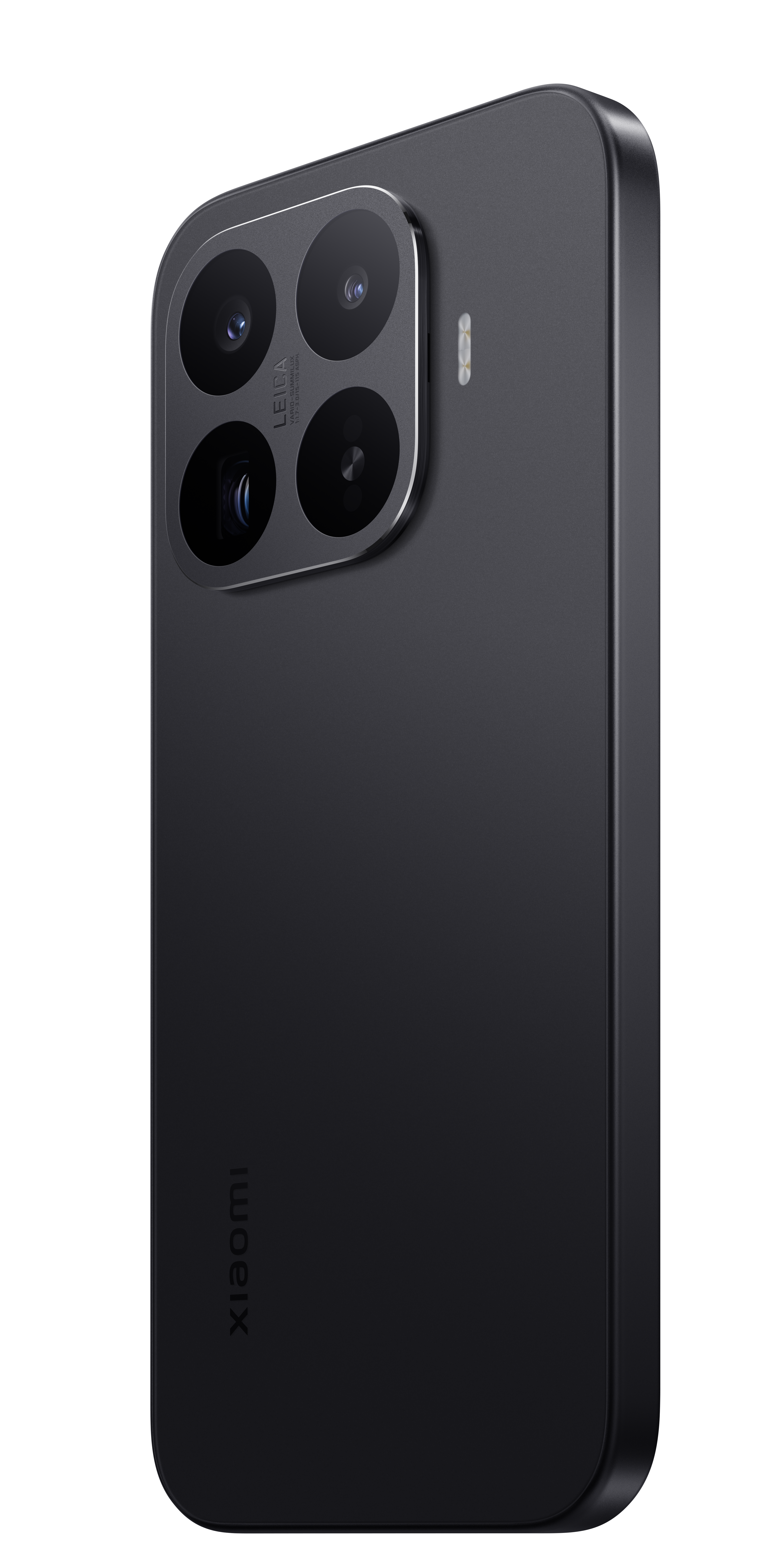 Schwarzes Smartphone mit vierfacher Leica-Kameraeinheit und Xiaomi-Logo.