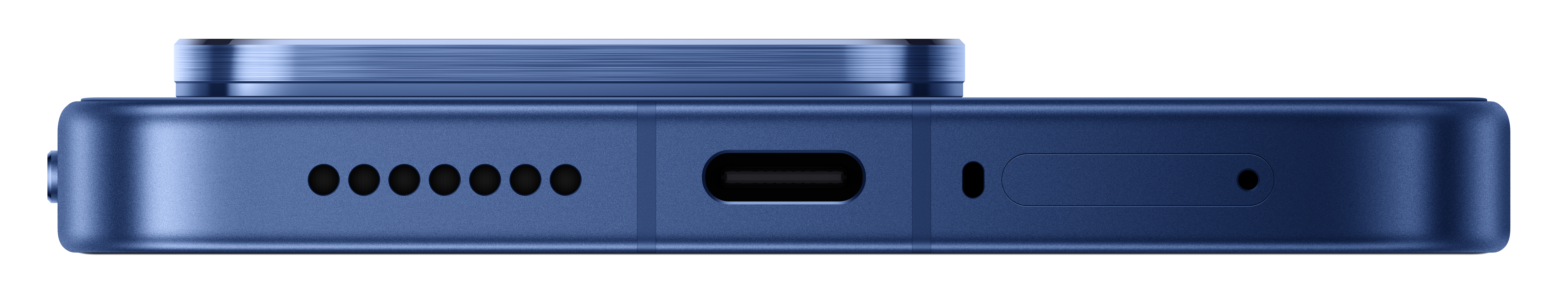 Nahaufnahme einer blauen Smartphone-Unterseite mit Ladeanschluss und Lautsprecher.