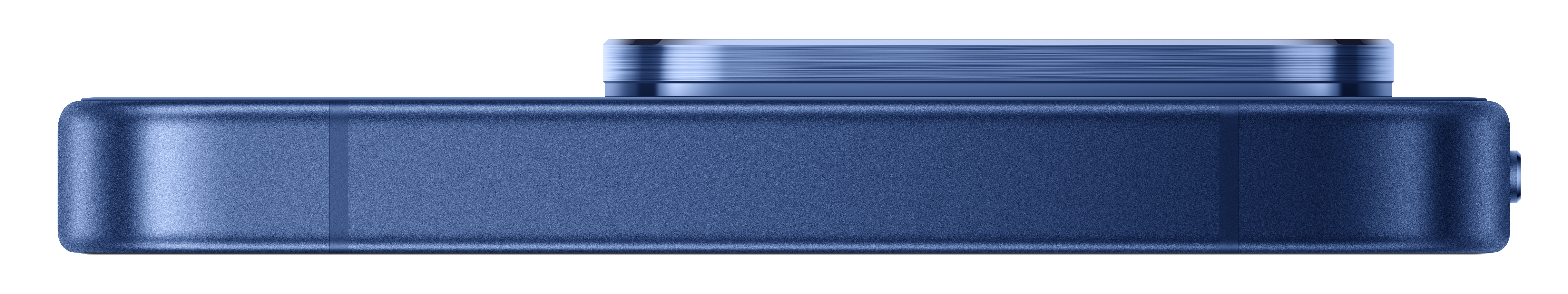 Blaue rechteckige Kamera mit geriffeltem Objektivdetail oben.