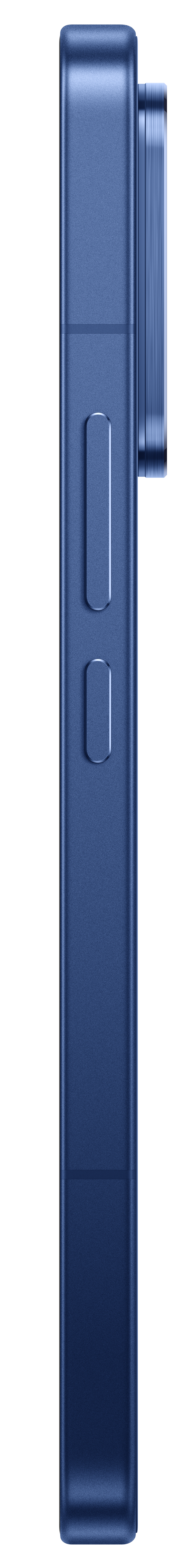 Blaue Smartphone-Seite mit Lautstärketasten und Kameraobjektiv.
