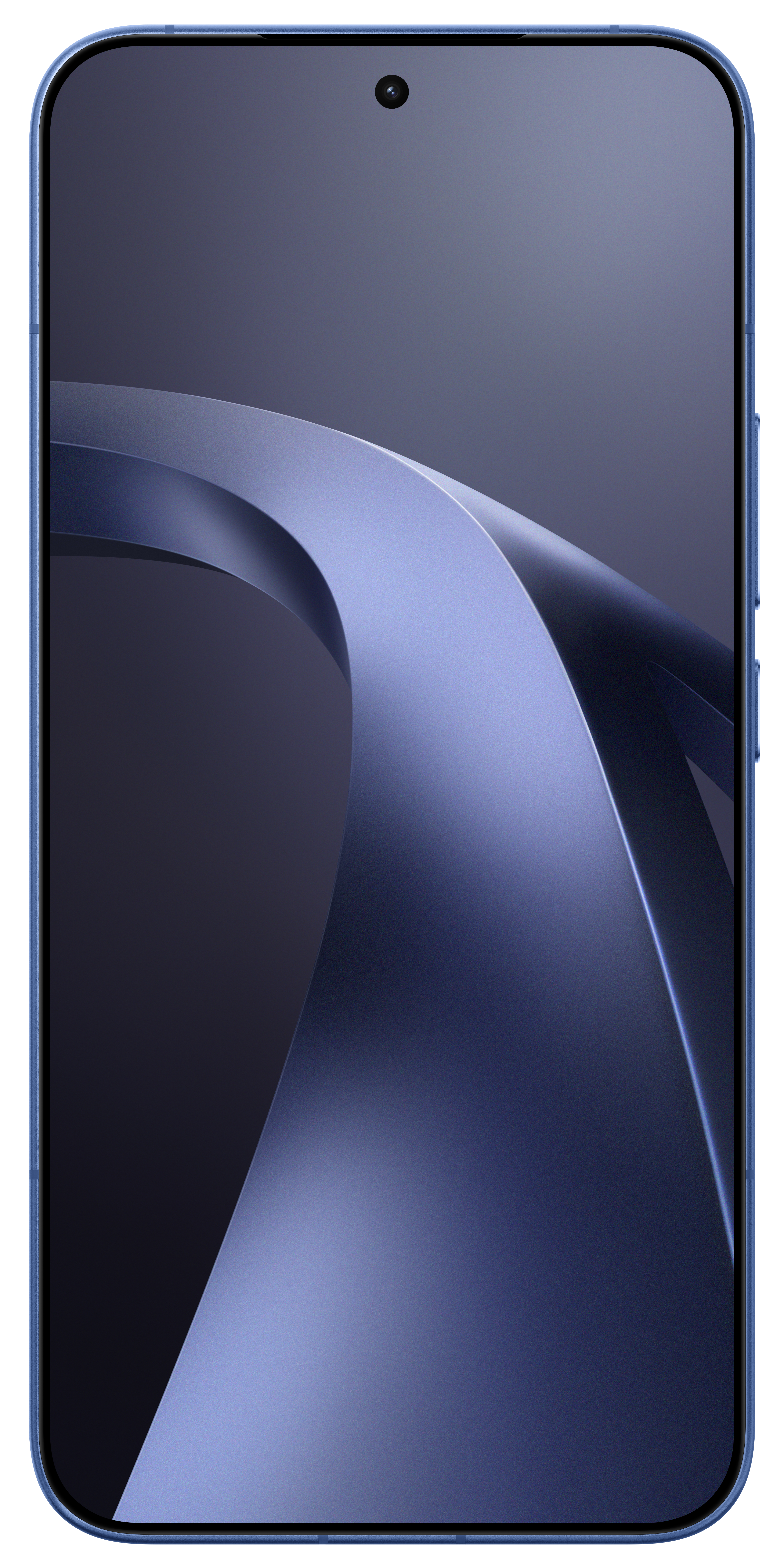 Ein blaues Smartphone mit einem abstrakten, wellenförmigen Hintergrund.
