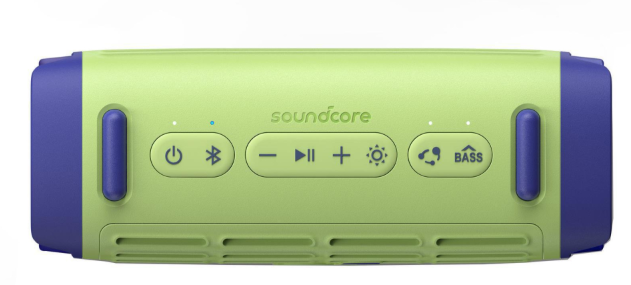 Zielony i fioletowy głośnik z przyciskami: Zasilanie, Bluetooth, Głośność, Odtwarzanie, Bass.