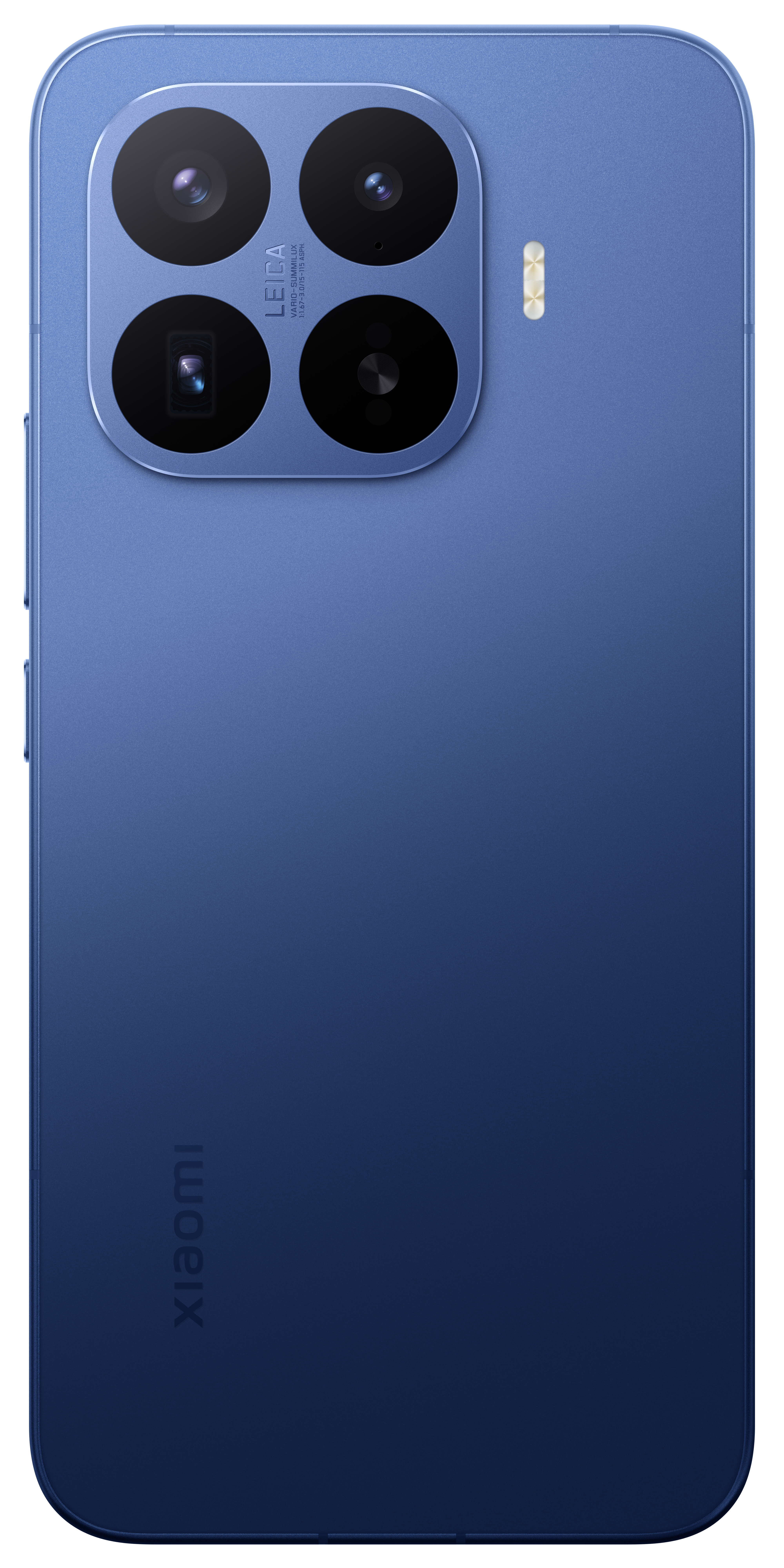 Rückseite eines blauen Smartphones mit vier Kameras und Xiaomi-Logo.