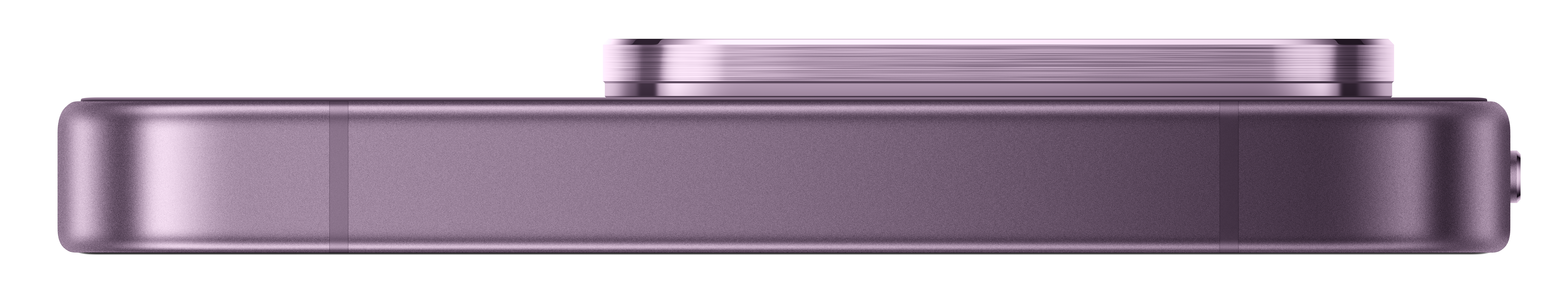 Nahaufnahme von der Seite eines kleinen, quadratischen, lila elektronischen Geräts mit silbernem Oberteil.