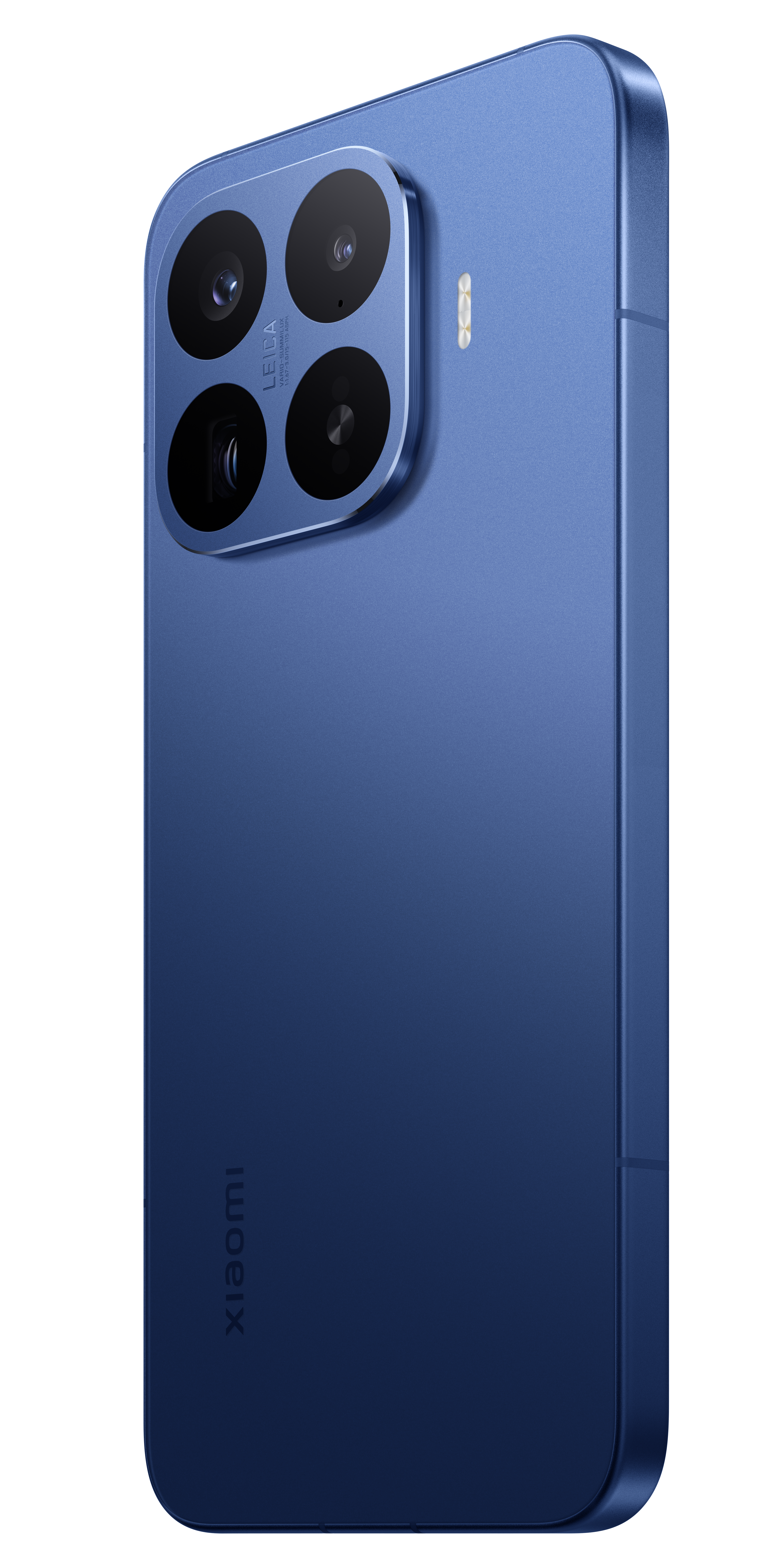 Rückseite eines blauen Smartphones mit vier Kameras und dem Xiaomi-Logo.