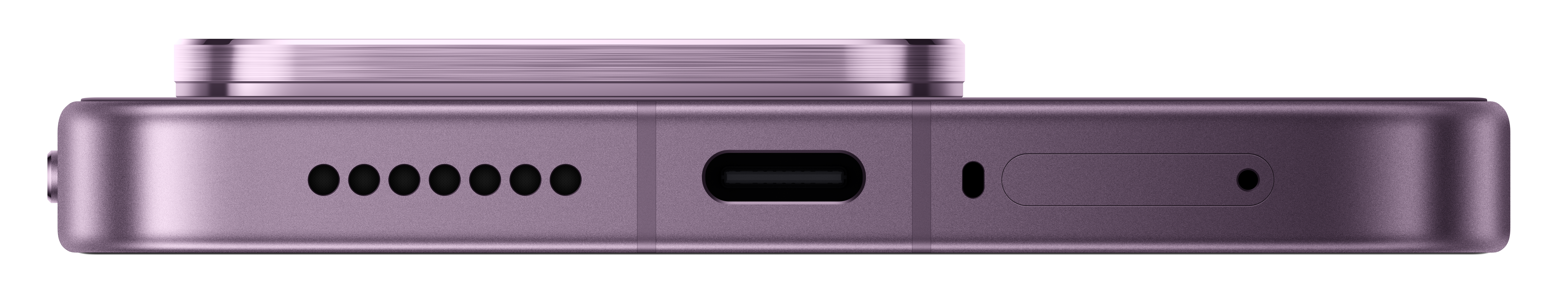 Lila Smartphone-Unterseite mit Lautsprecheröffnungen, USB-C-Anschluss und Mikrofon.