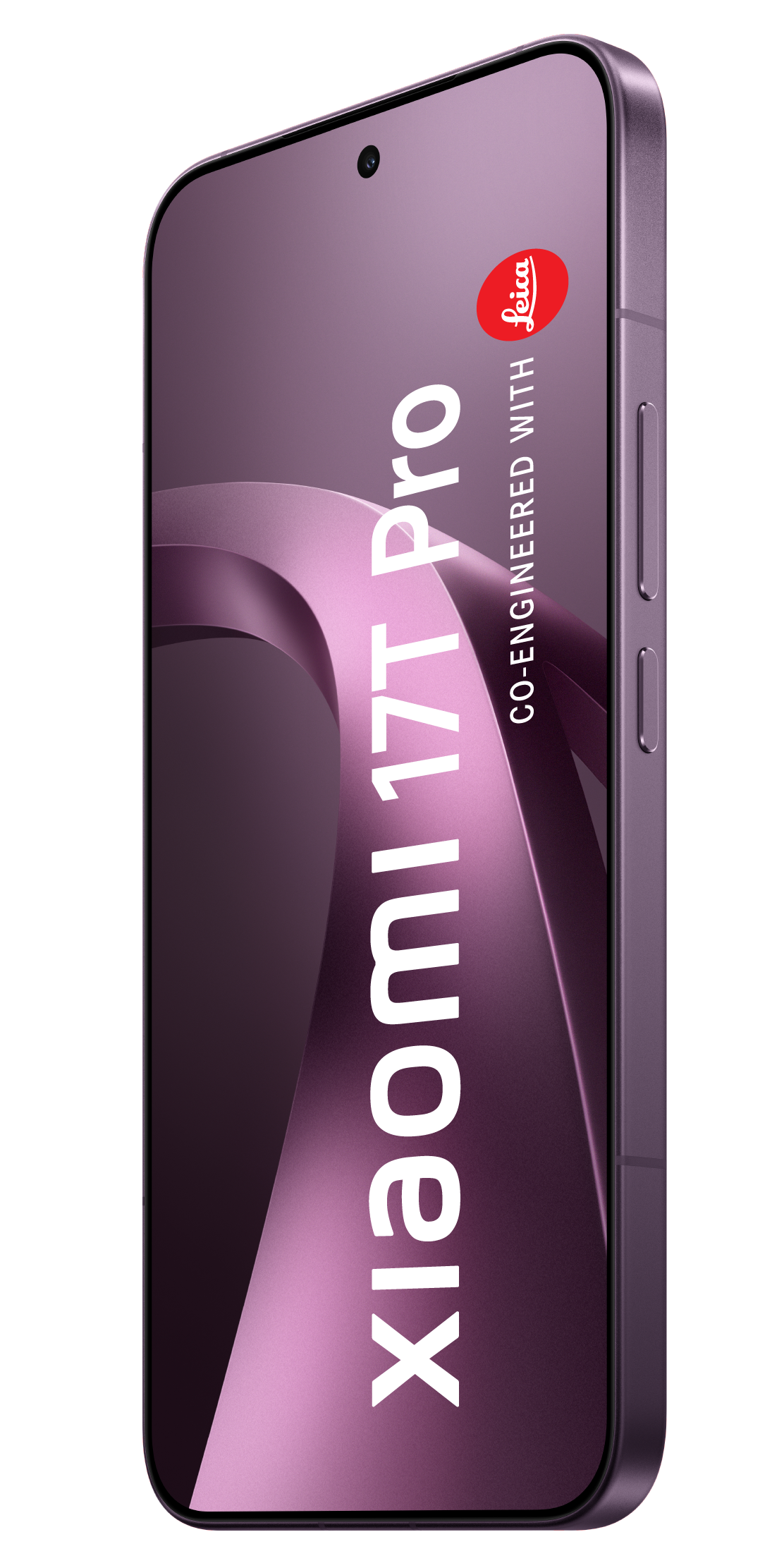 Lila Xiaomi 17T Pro Smartphone mit Leica-Logo und schwarzem Hintergrund.