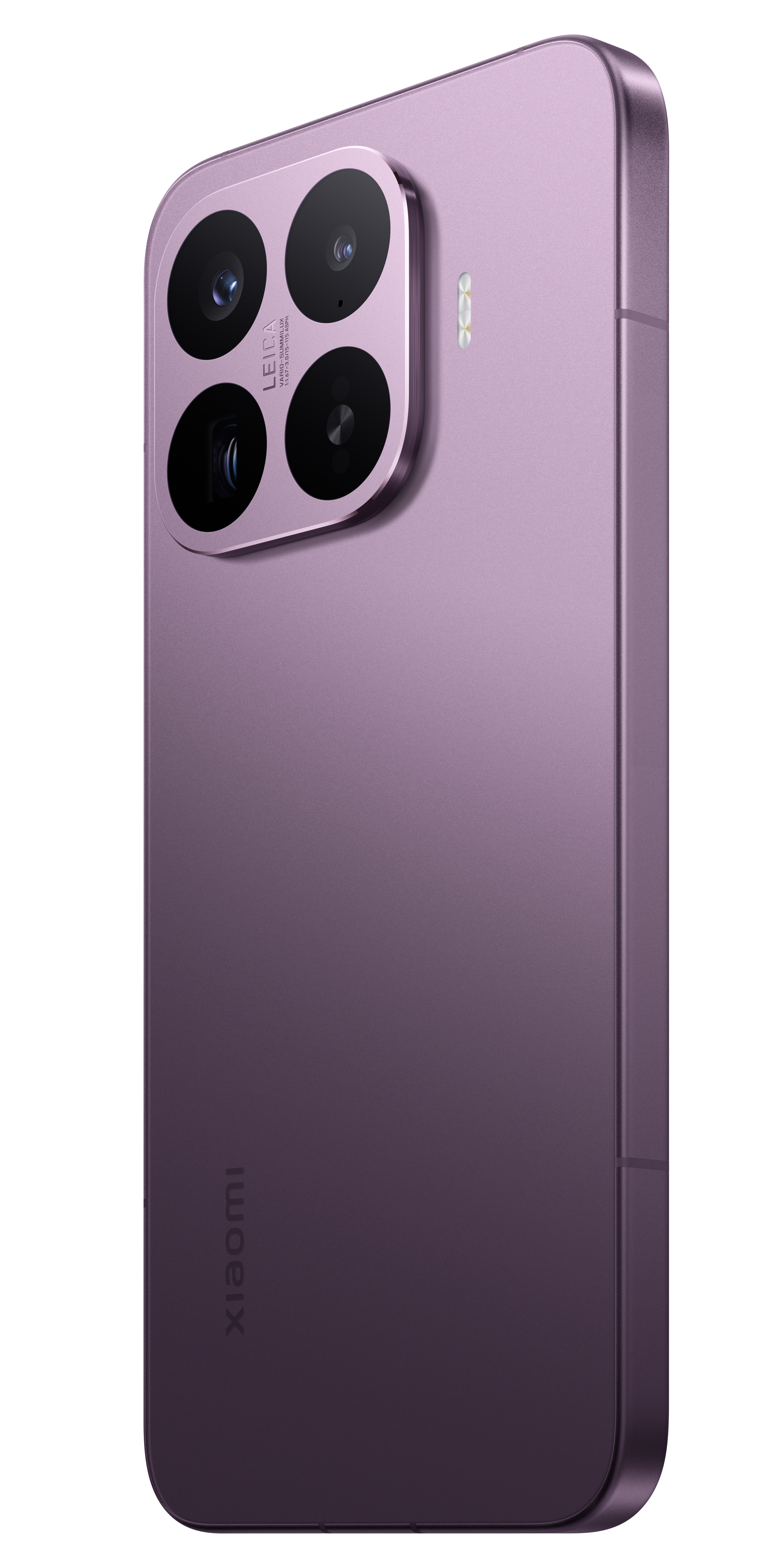 Ein lila Smartphone mit vier Kameras und dem Xiaomi-Logo.