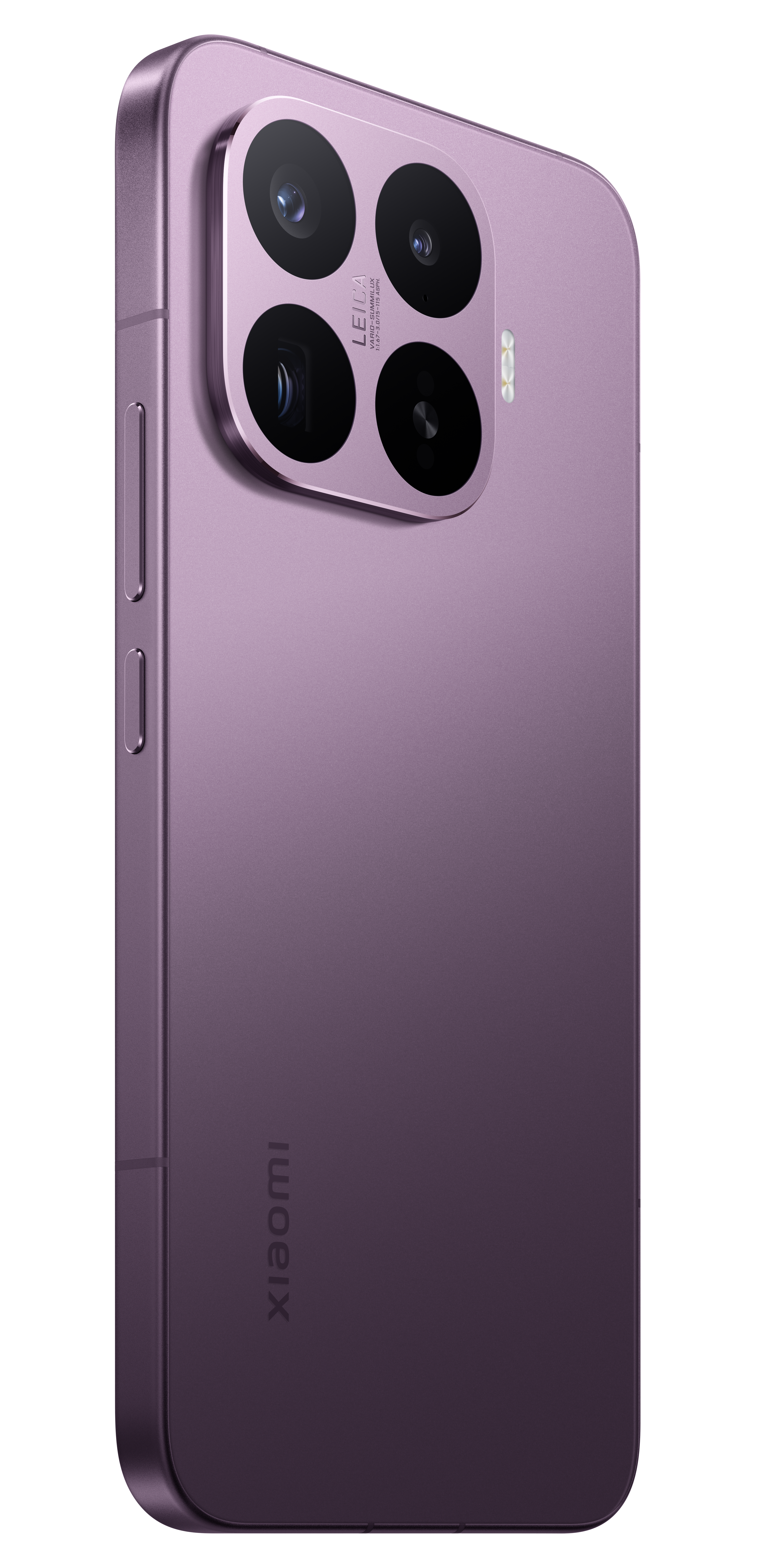 Ein lila Smartphone mit vier Kameras auf der Rückseite und dem Xiaomi-Logo.