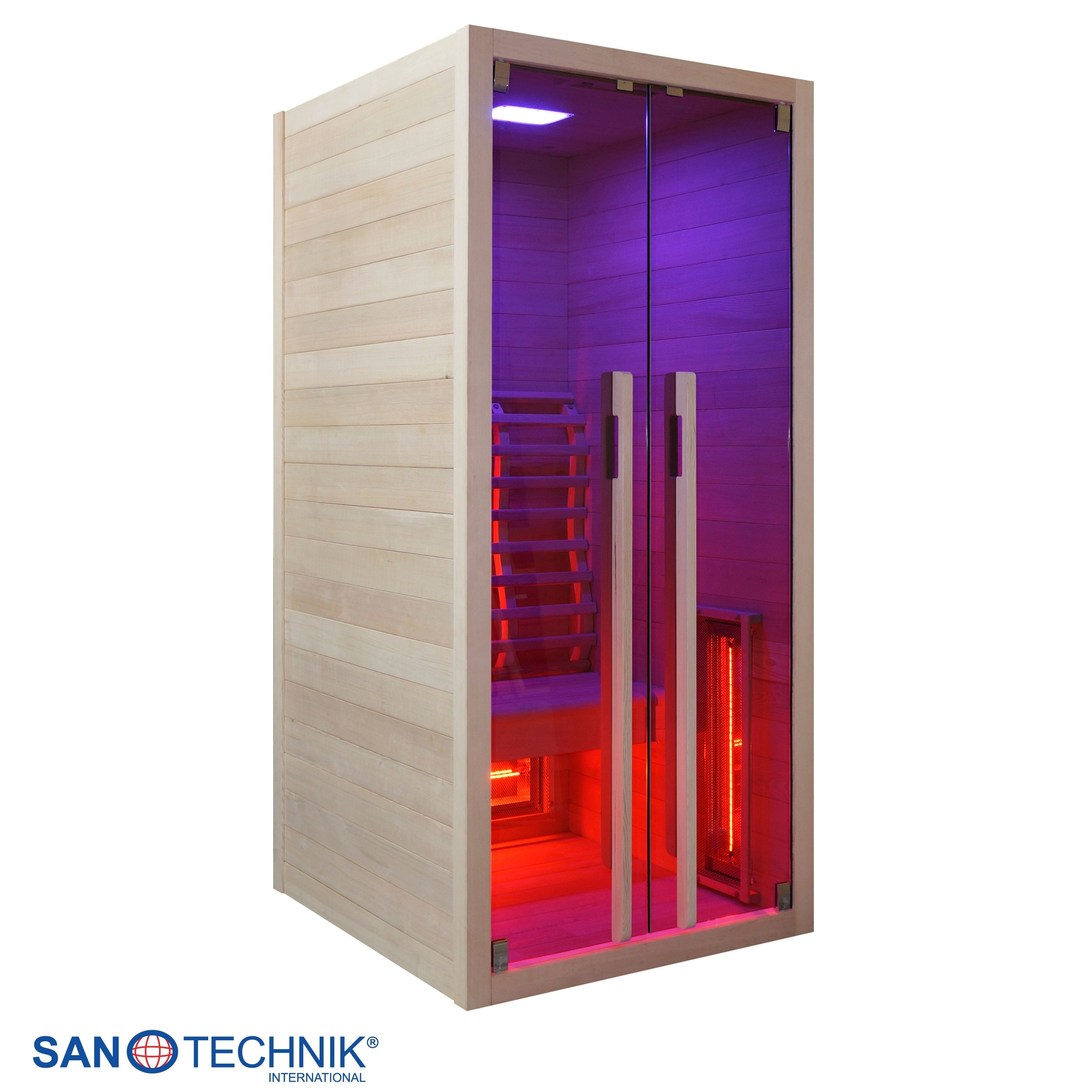 Holzsauna mit Glastüren, beleuchtet mit rotem und violettem Licht.