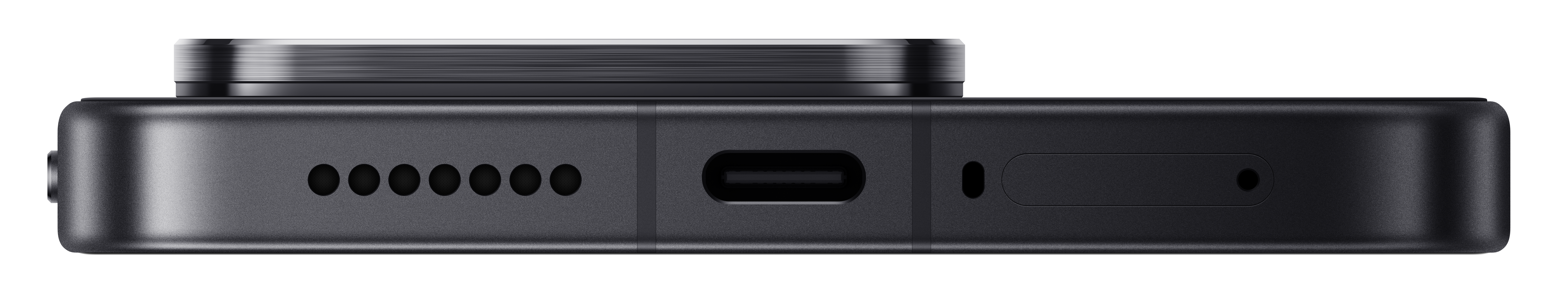 Nahaufnahme des unteren Rands eines dunklen Smartphones mit USB-C-Anschluss.