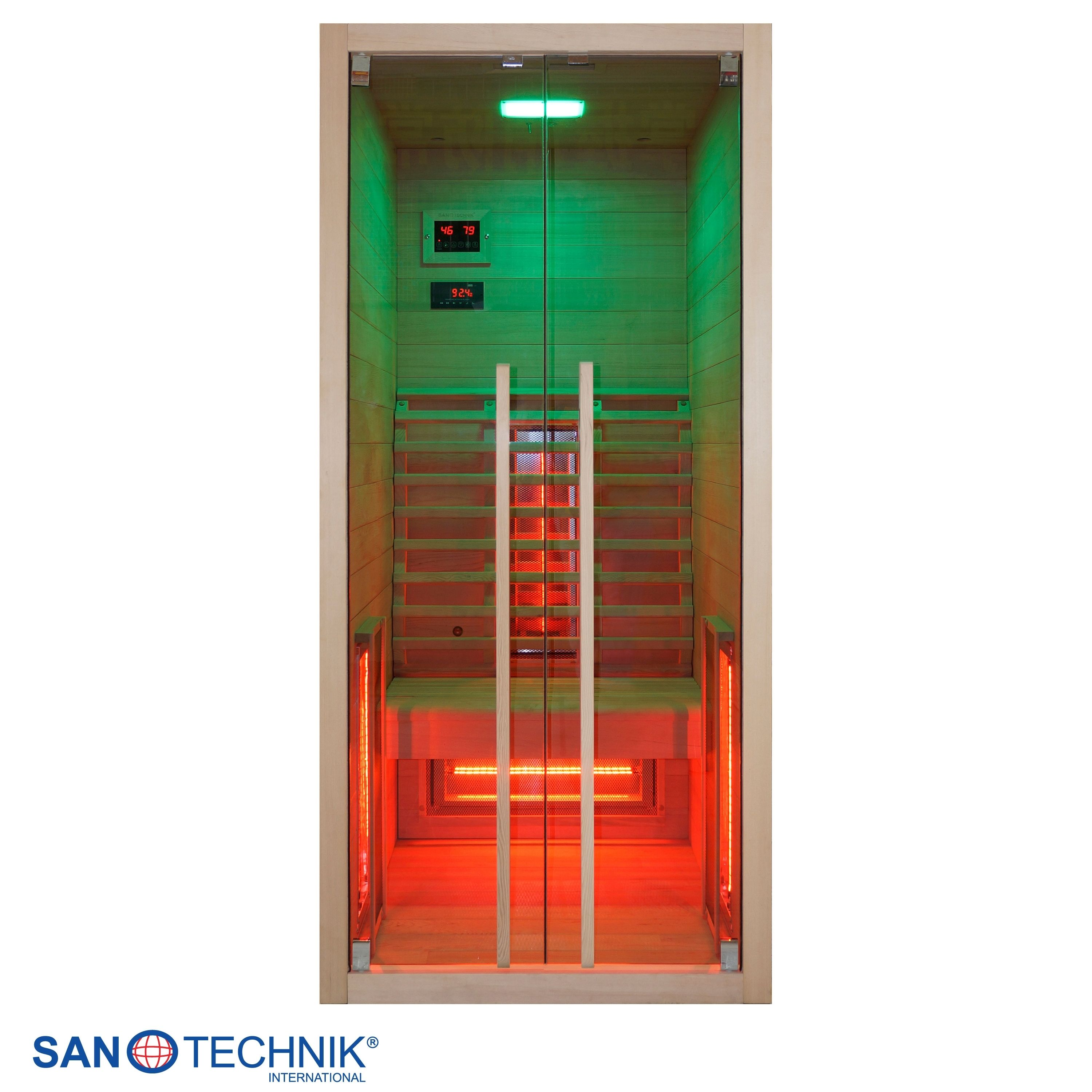 Eine Holzhüttensauna mit Glastüren, beleuchtet mit grünen und roten Lichtern.