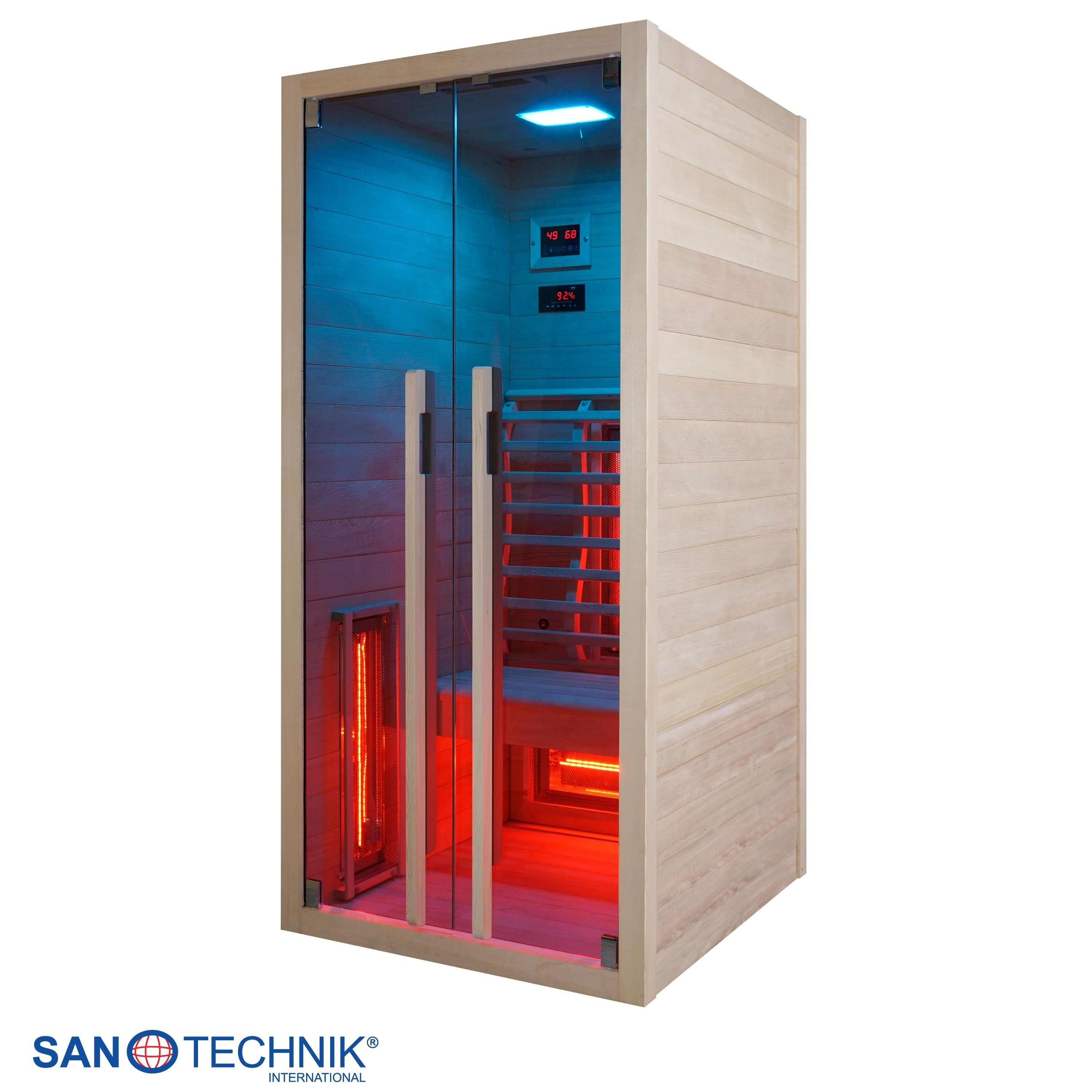 Eine moderne Sauna mit Holzaussenhülle, Glastüren und blauer/roter Beleuchtung.