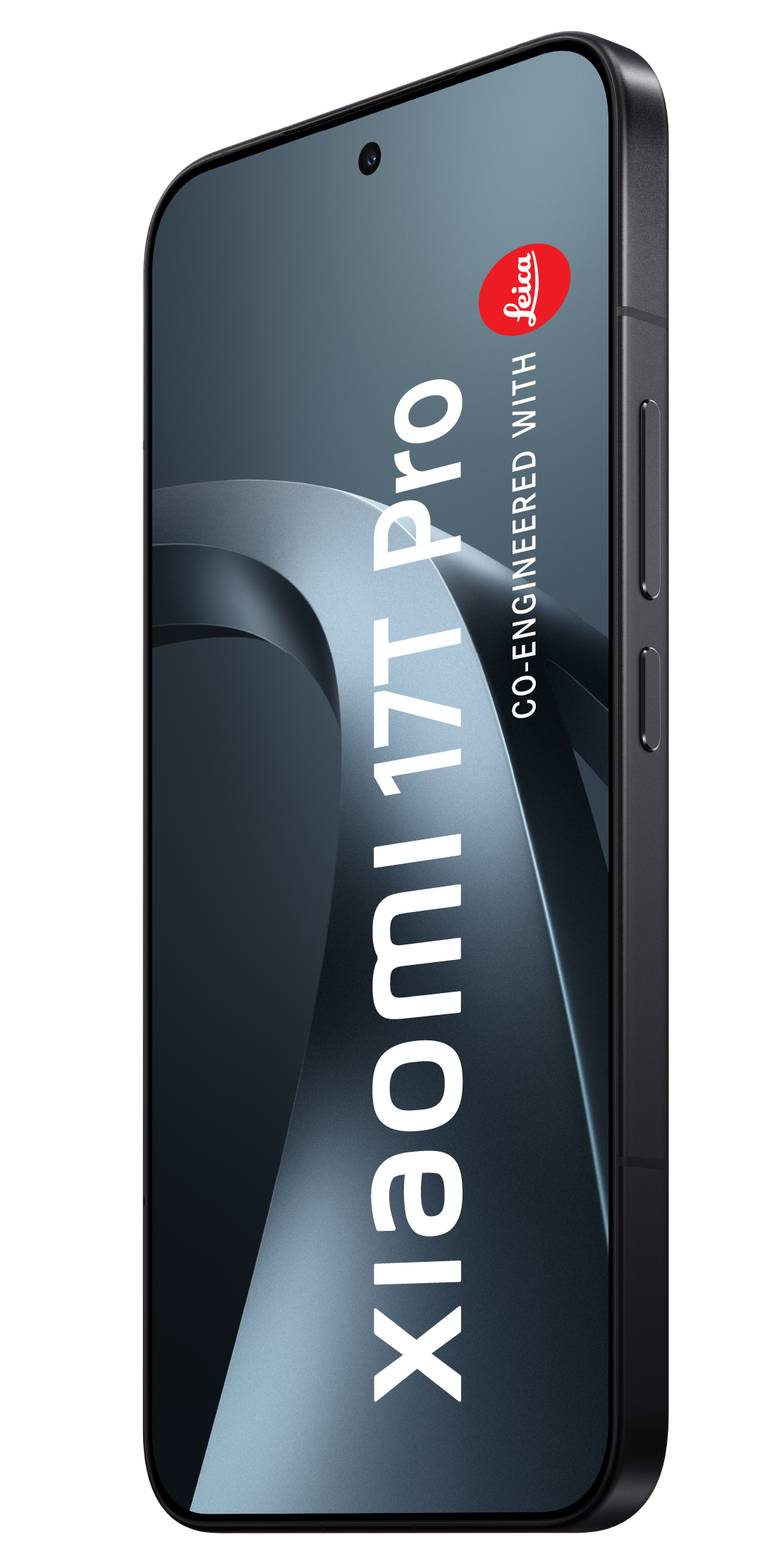 Ein schwarzes Xiaomi 17T Pro Smartphone mit Leica-Logo und Wellendesign.