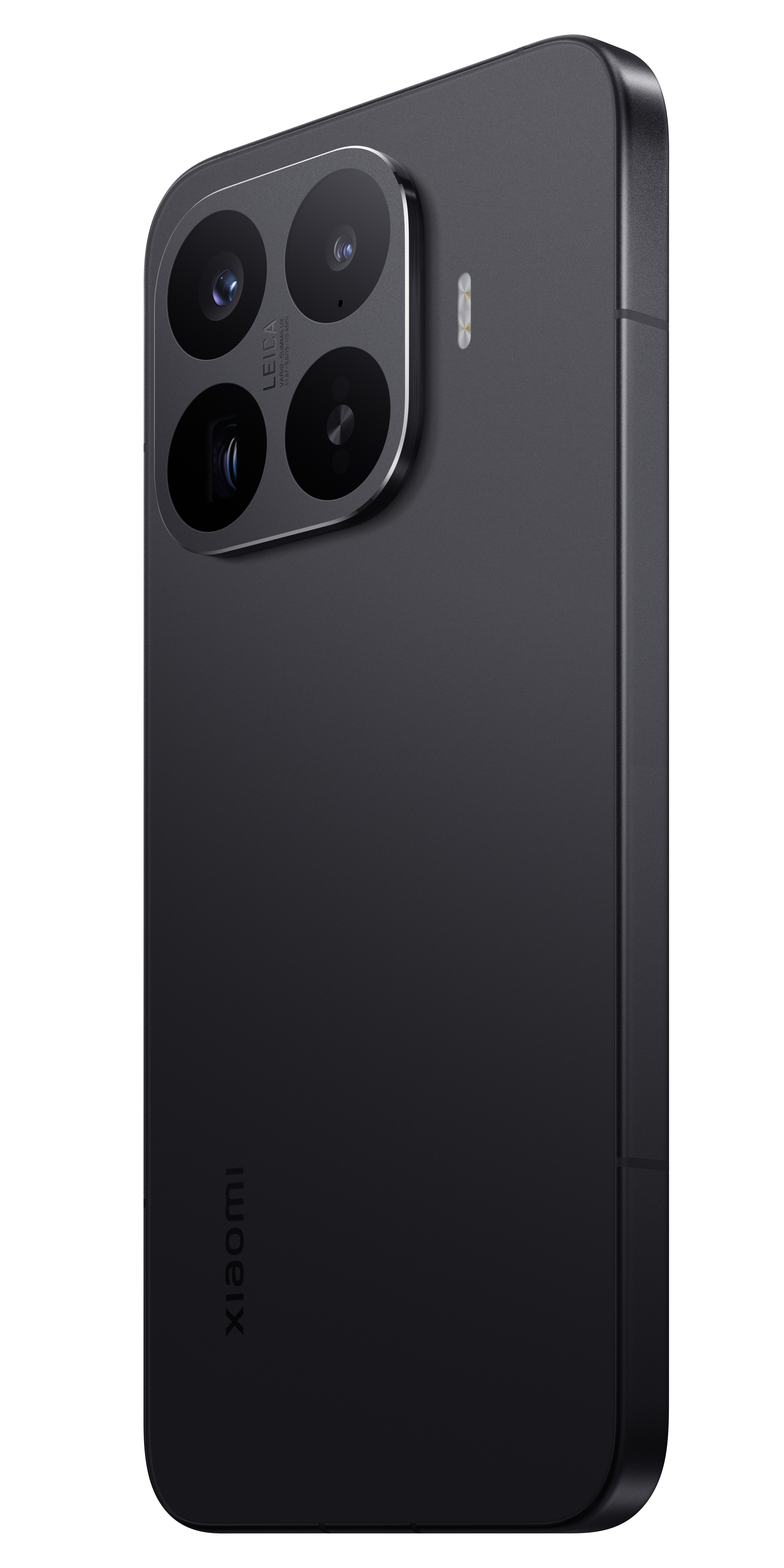 Schwarzes Smartphone mit vier Kameras und Leica-Branding, auf weißem Hintergrund.