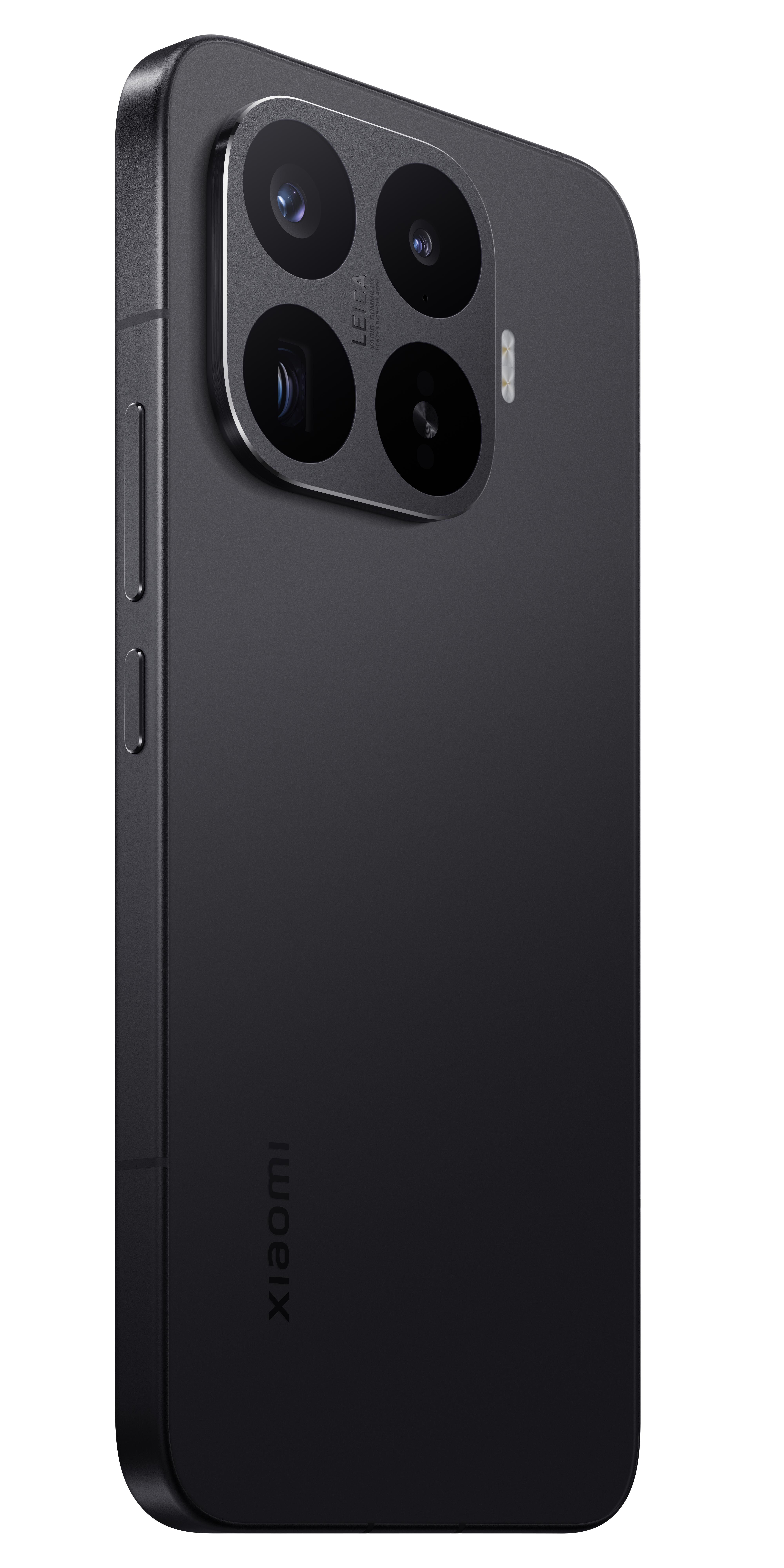 Schwarzes Smartphone mit vierfacher Leica-Kamera und Xiaomi-Logo auf der Rückseite.