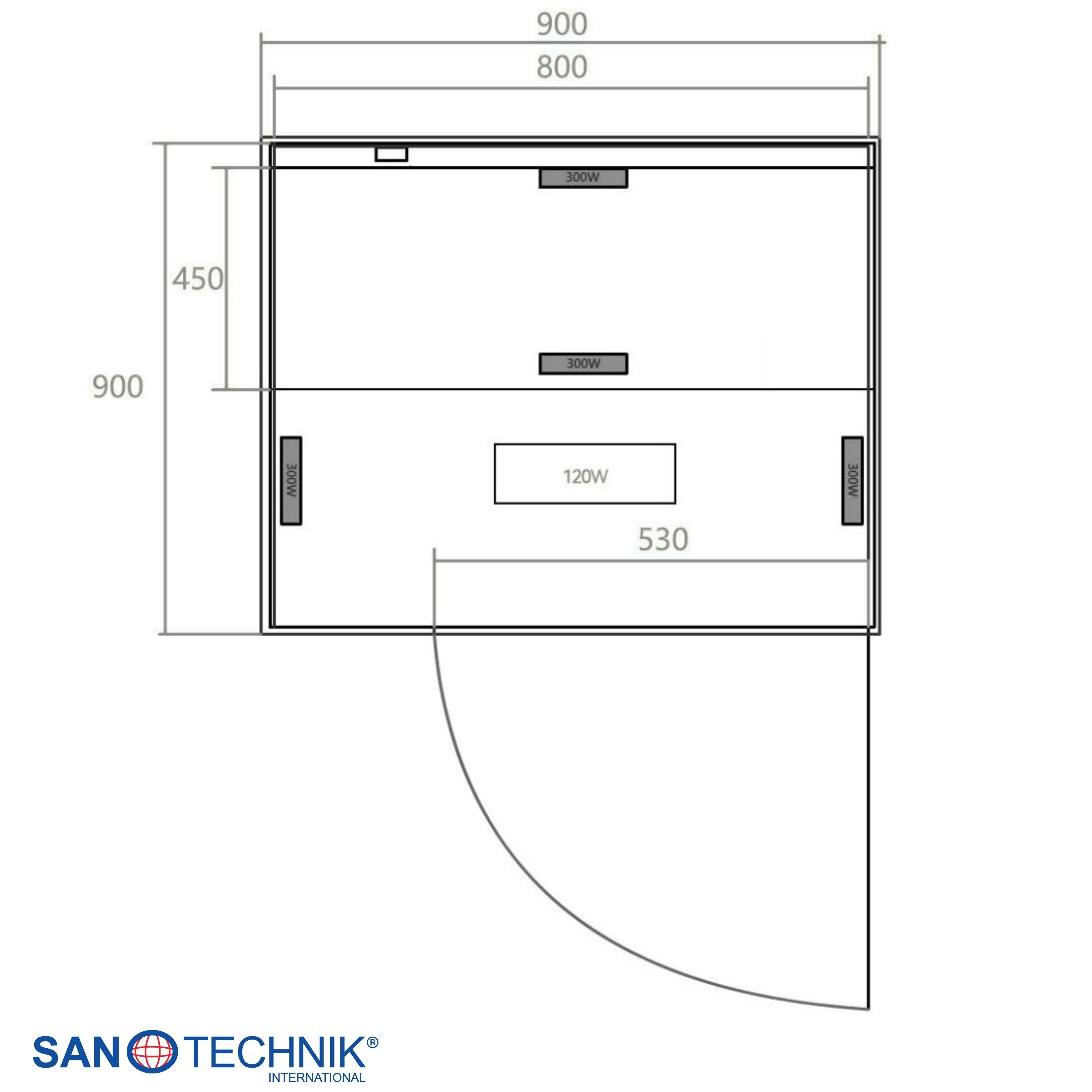 Technische Zeichnung mit Maßen: 900x800mm, 450mm, 530mm. Beleuchtung 2x300W, 1x120W.