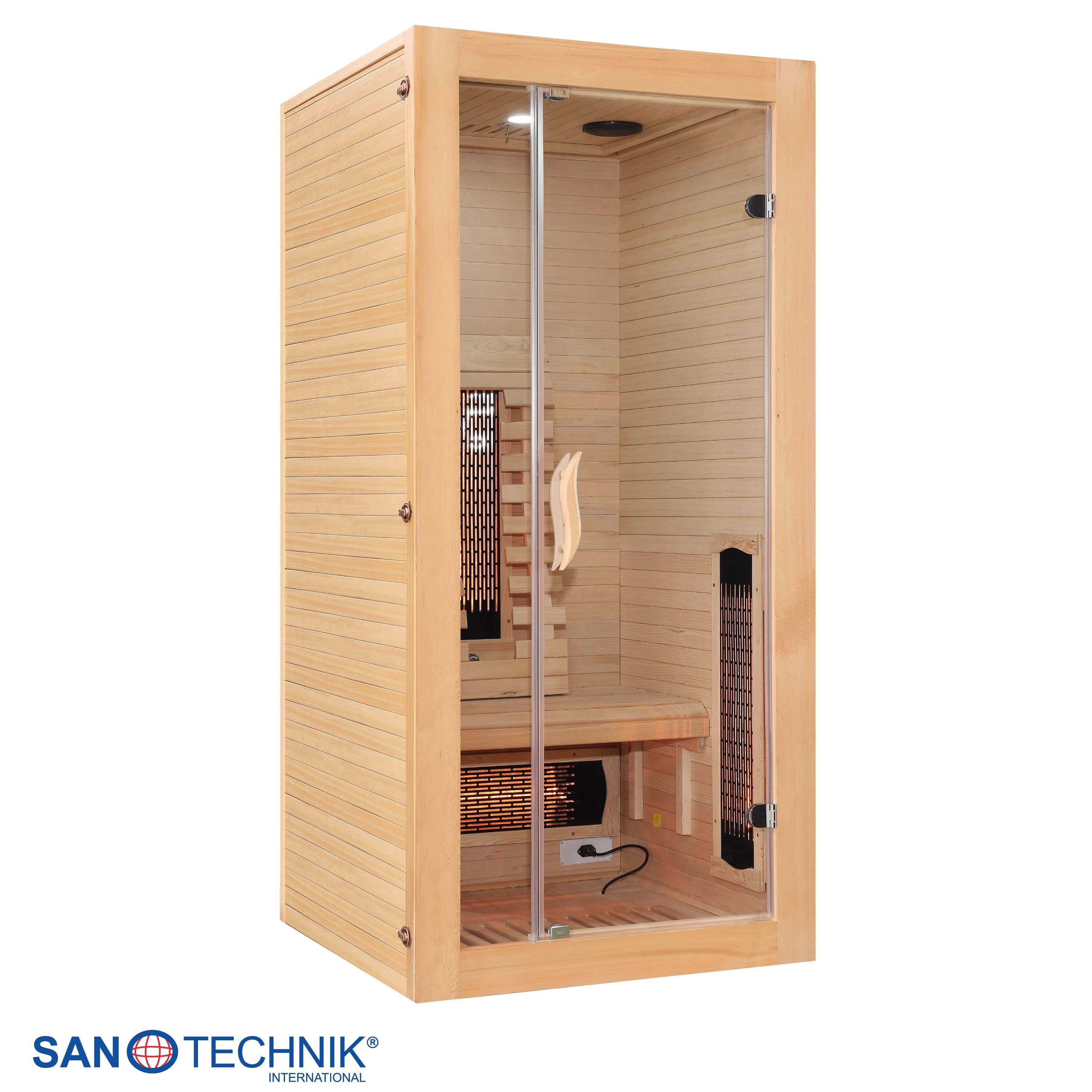 Eine Holzhüttensauna mit Glastür und Holzbänken. Innen sind Heizstäbe sichtbar.