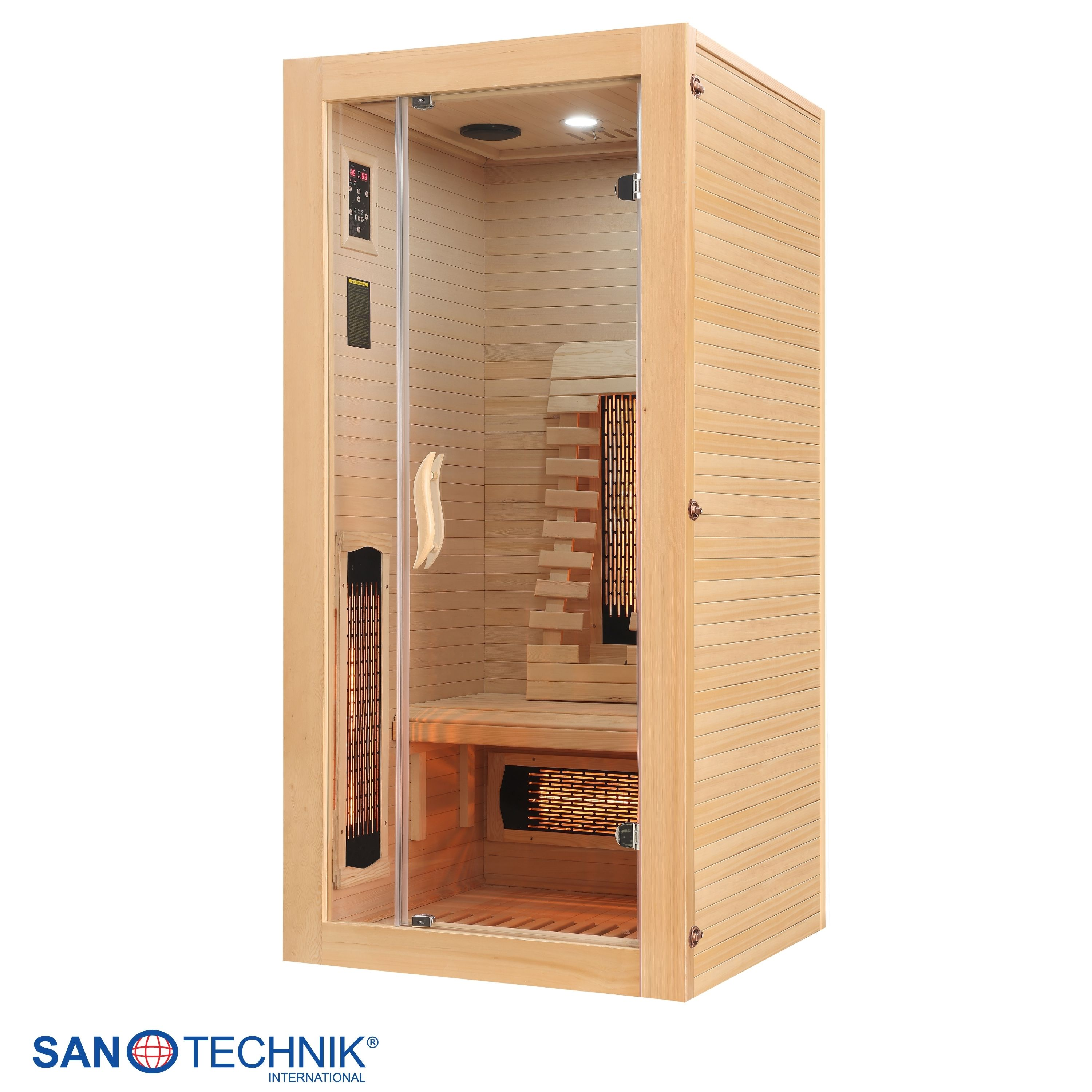 Eine Holzkabine mit Glastür, Sitzbank und Heizstrahlern, bereit für die Sauna.