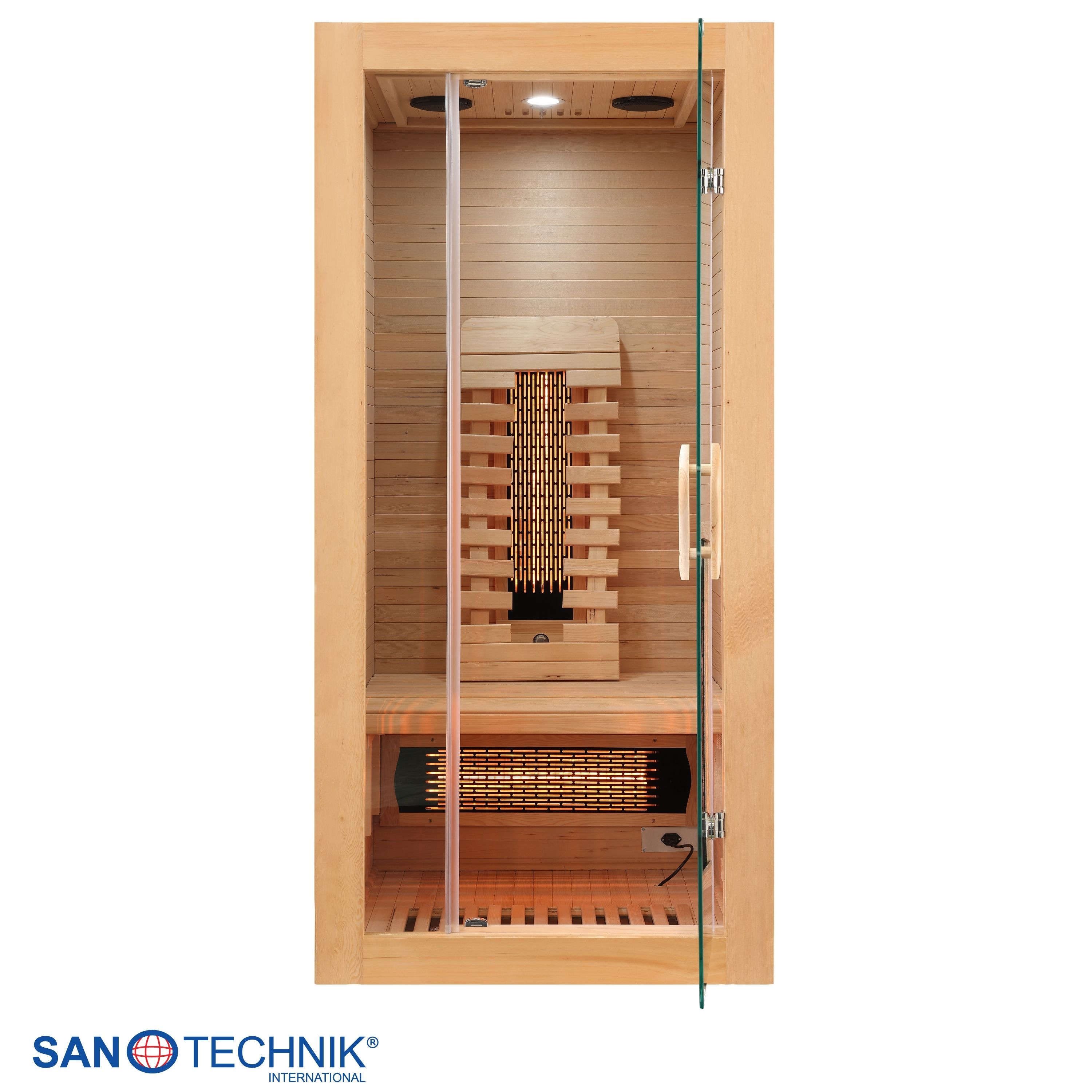Eine hölzerne Sauna mit Glastür, innen beleuchtet mit Heizstrahlern.
