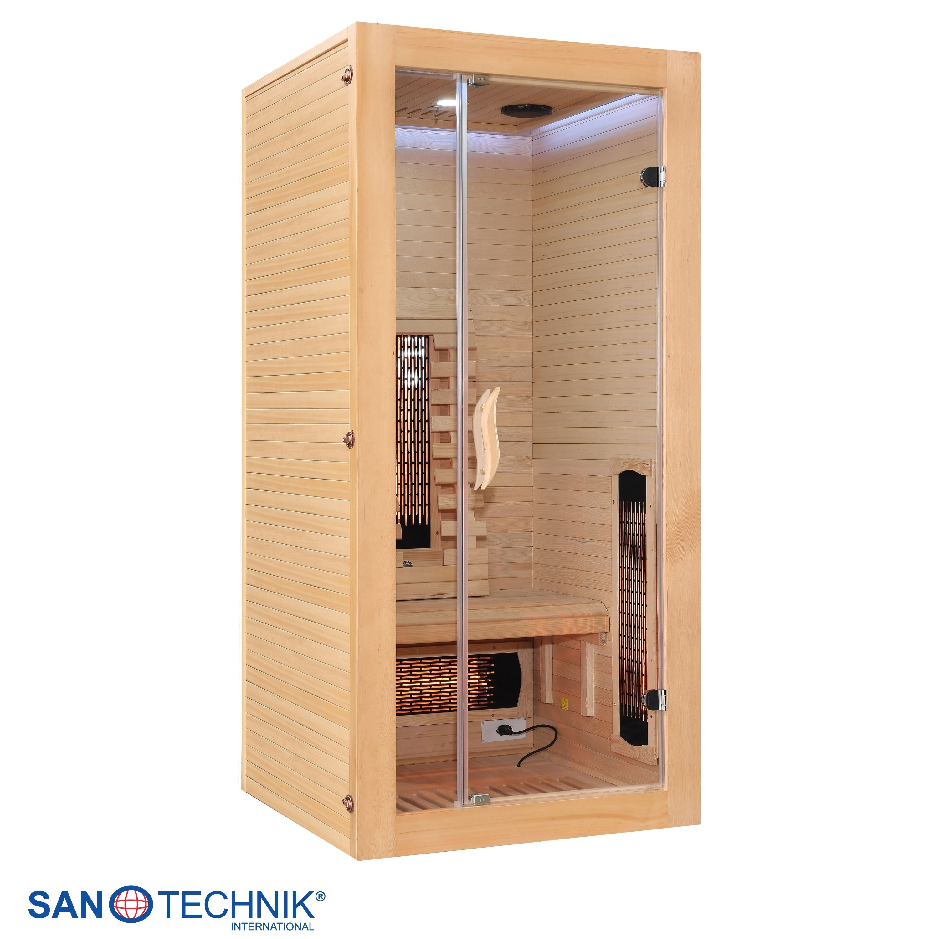 Kompakte Holzsauna mit Glastür, Sitzbank und Beleuchtung.