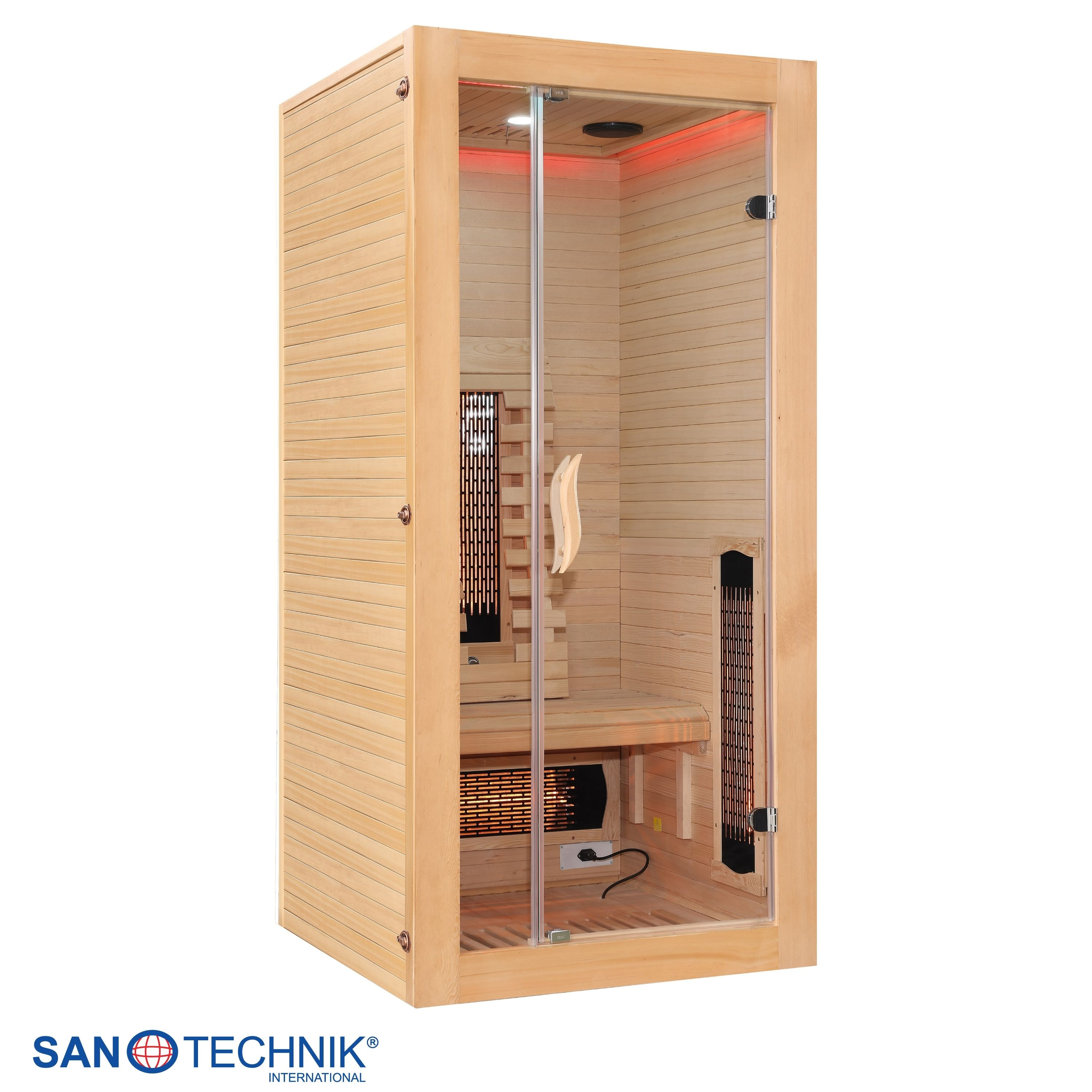Eine hölzerne Saunakabine mit Glastür, Holzbänken und roter Beleuchtung.