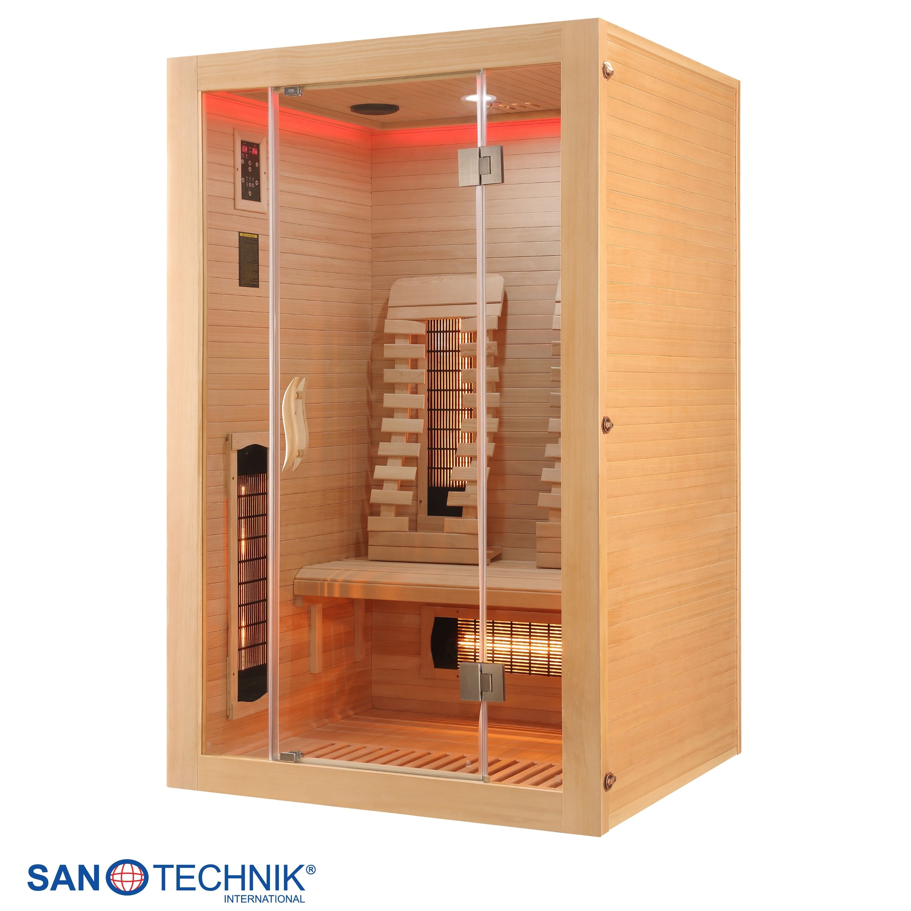 Eine Holzzwischenwand-Sauna mit Glastür und roten Lämpchen.