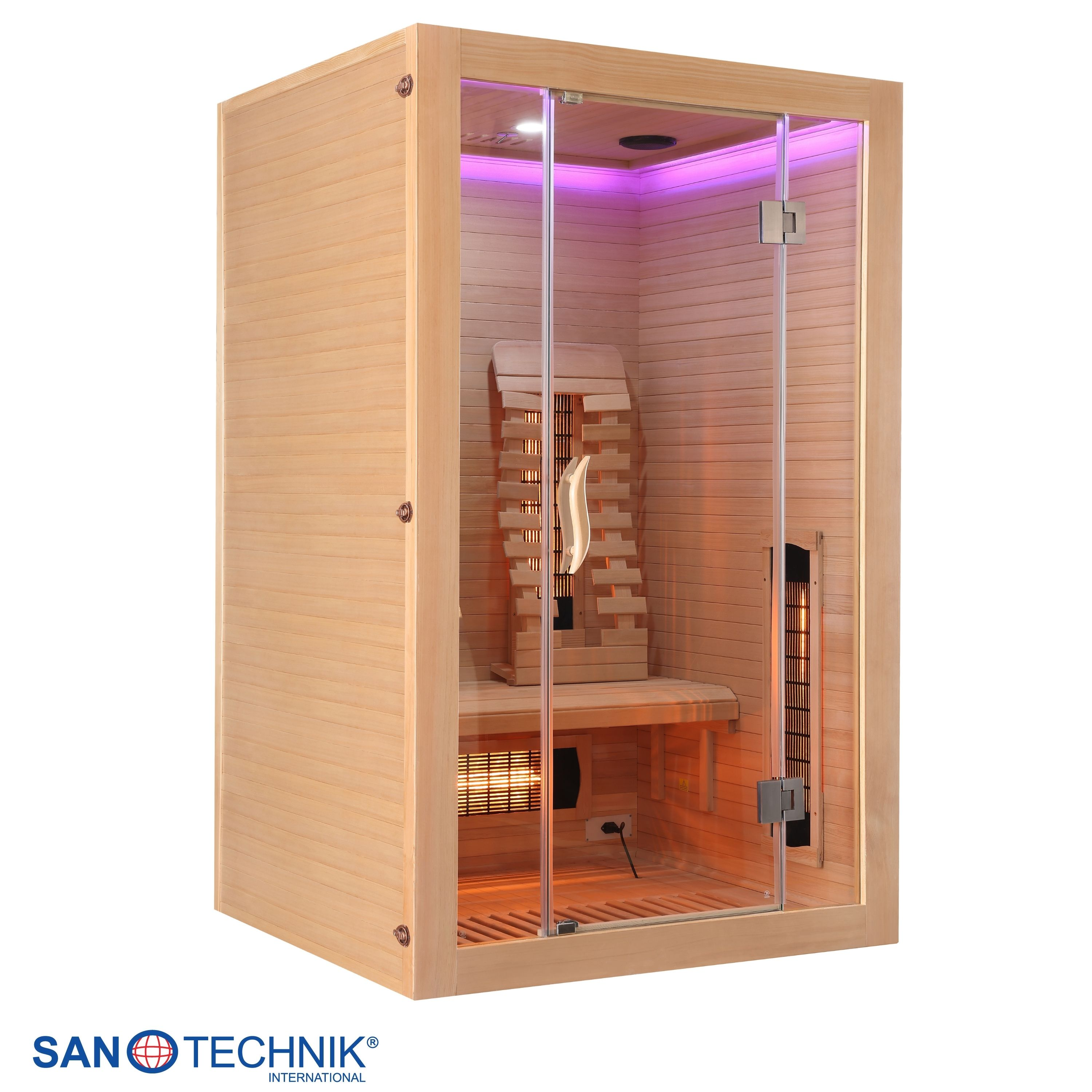 Holzsauna mit Glastür, Sitzbank, Heizstrahler und violetter Beleuchtung.