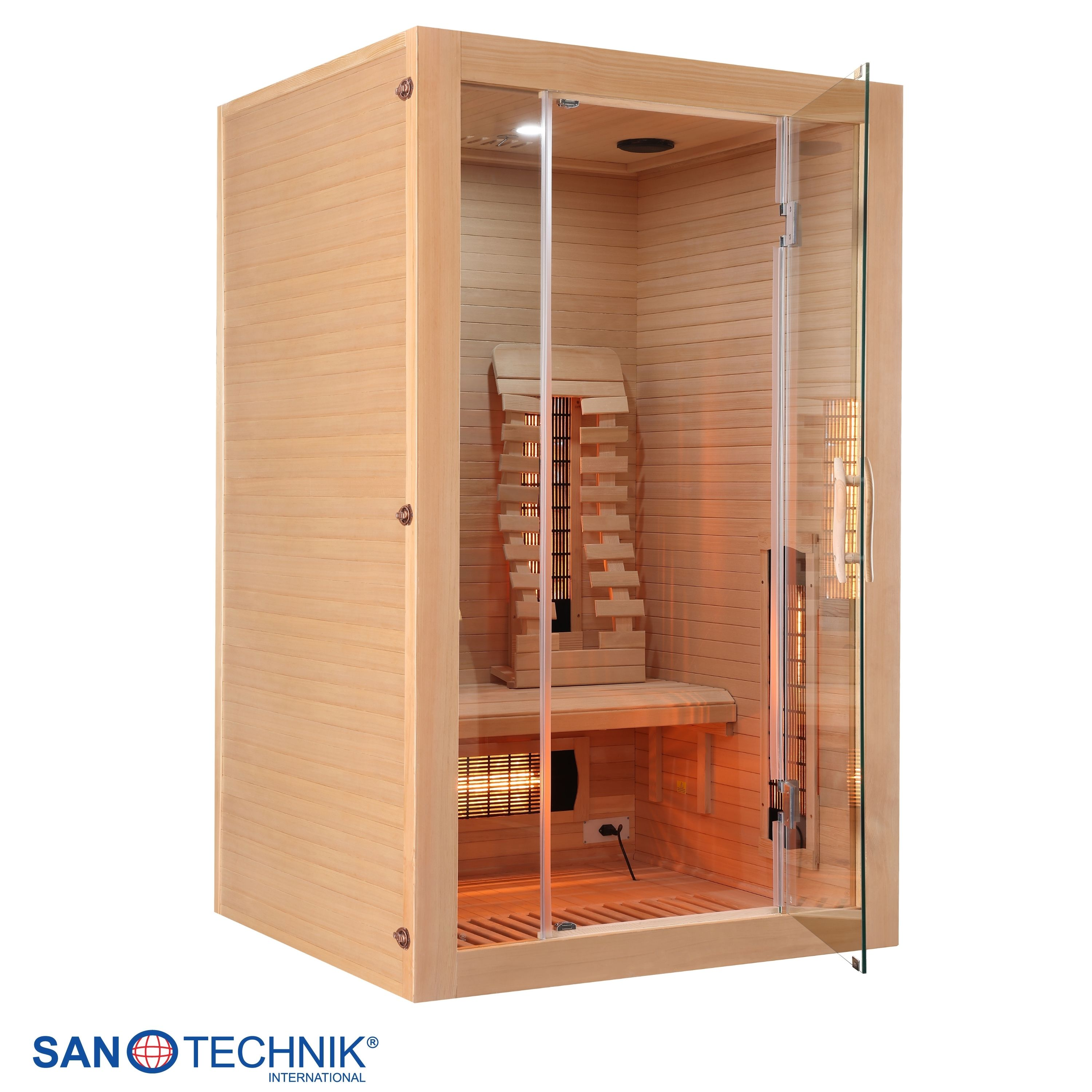 Holzsauna mit Glastür, Sitzbank, Heizstrahler und Beleuchtung.