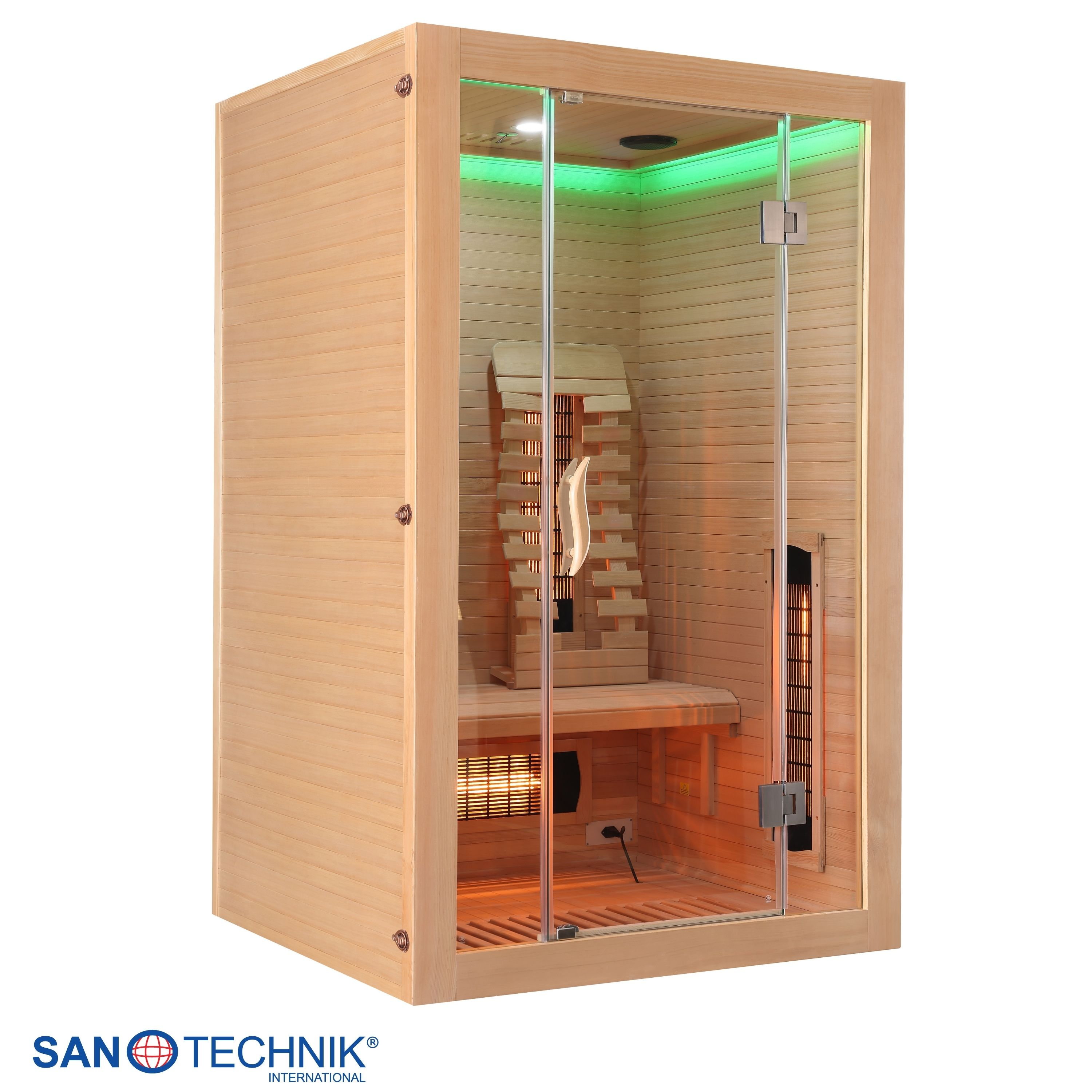 Holzsauna mit Glastür, Sitzbank, Heizstrahlern und grüner Beleuchtung.