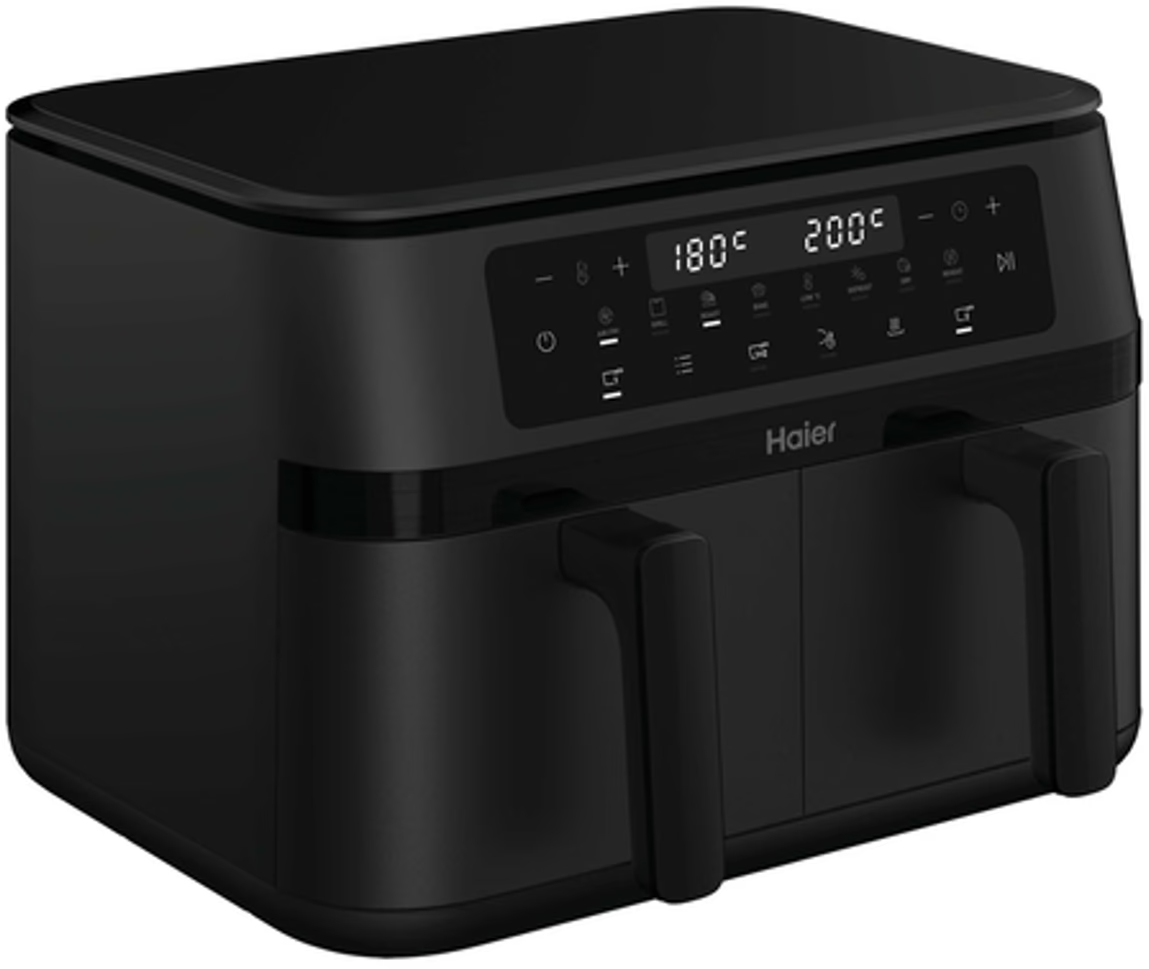 Friggitrice ad aria Haier nera con due cassetti e display digitale.