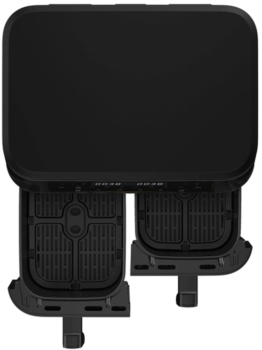 Una friggitrice ad aria nera con due scomparti e display digitali.