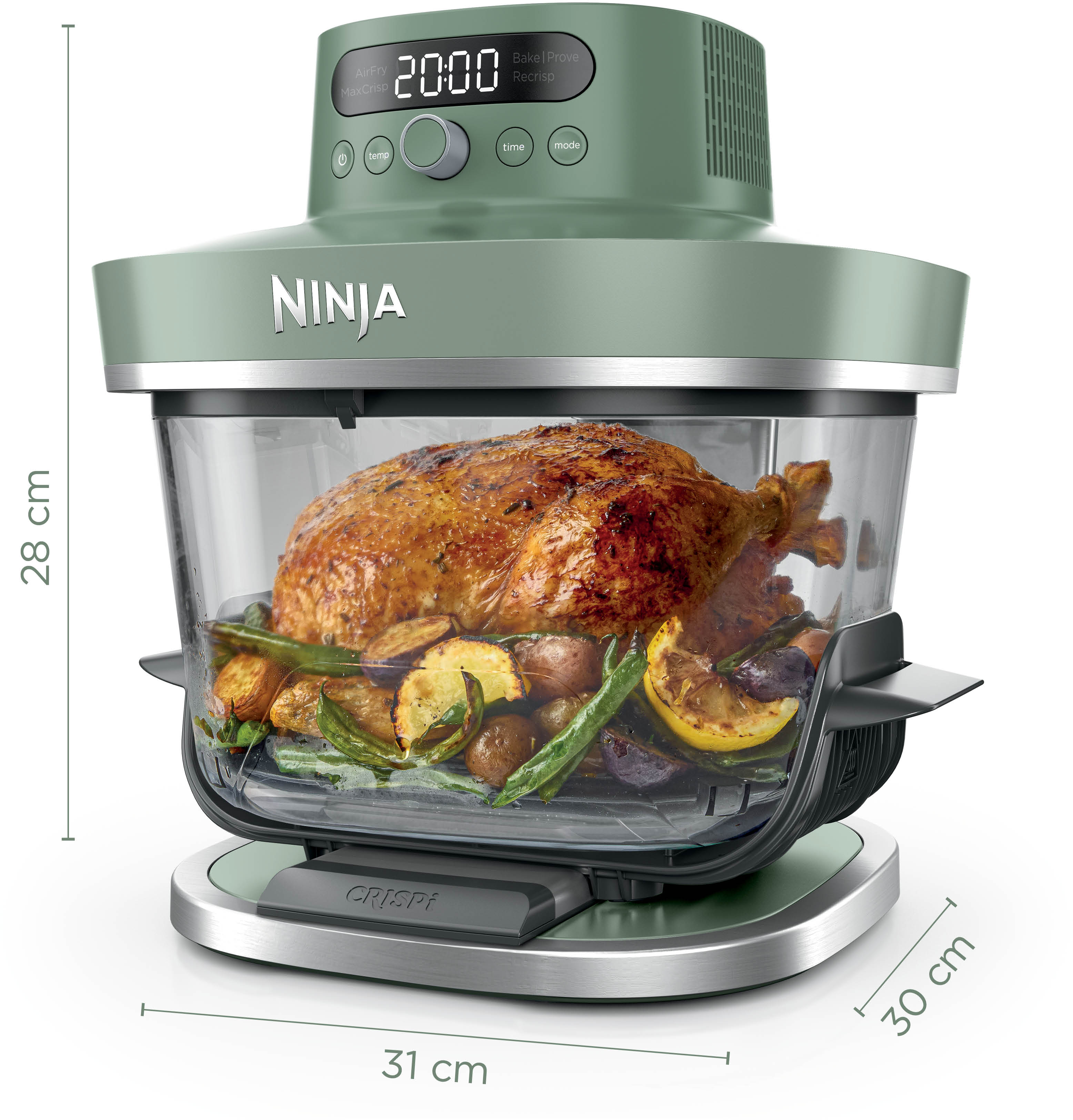 Un four friteuse à air Ninja vert avec un poulet rôti et des légumes à l'intérieur.