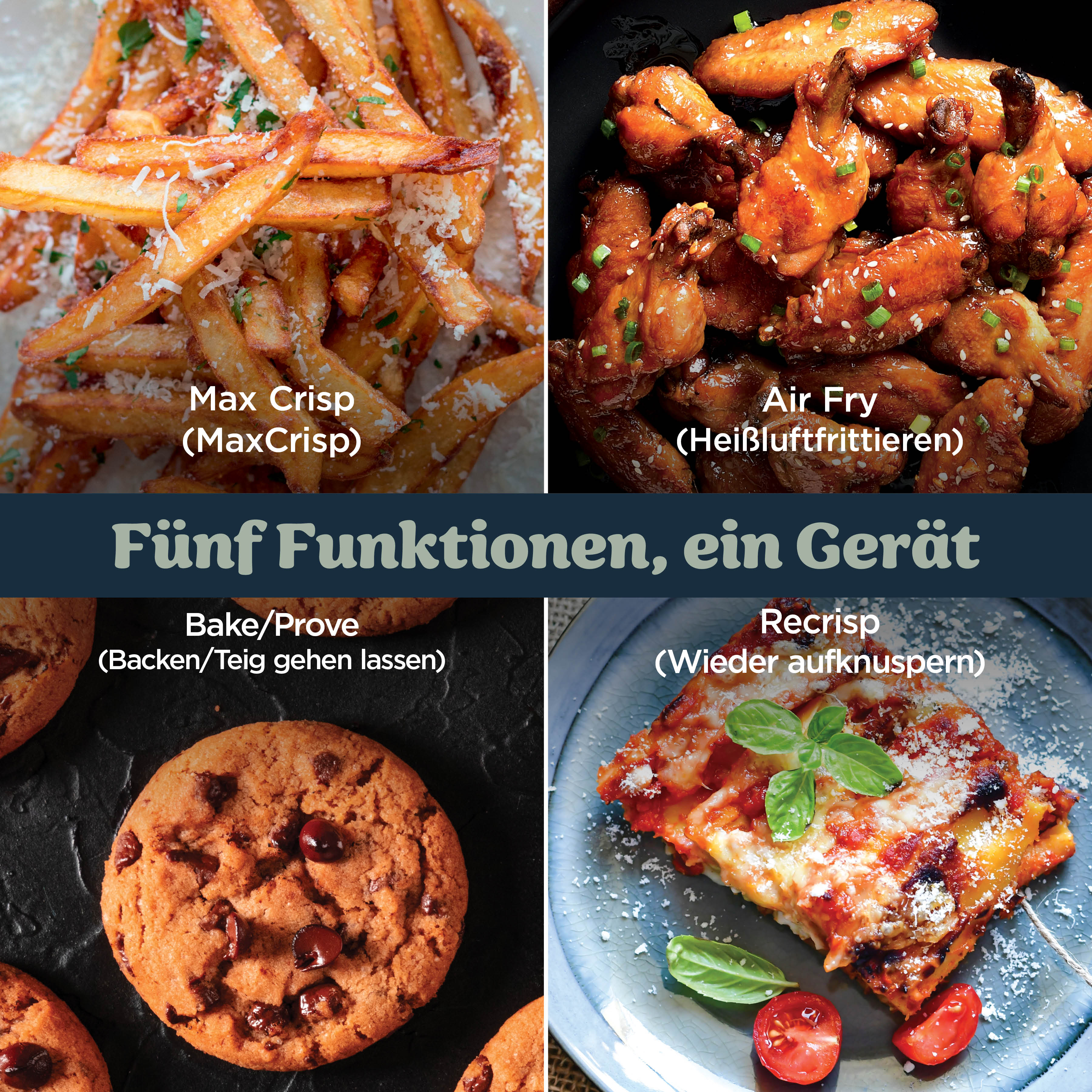 Quatre aliments : frites, ailes, biscuit, lasagne. Texte : Cinq fonctions, un appareil.