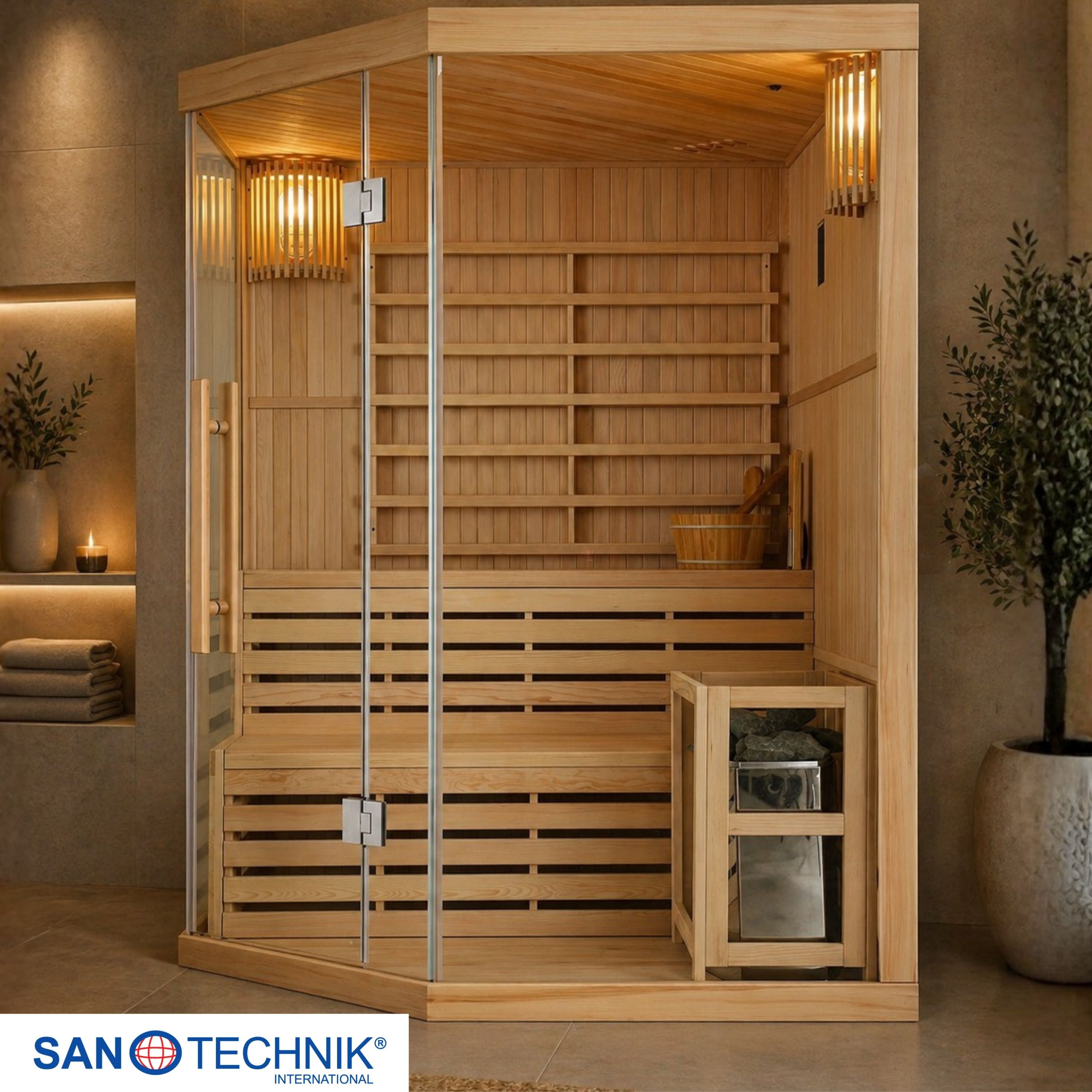 Eine hölzerne Sauna mit Glastür, Bänken, Beleuchtung und einem Saunasteinofen.