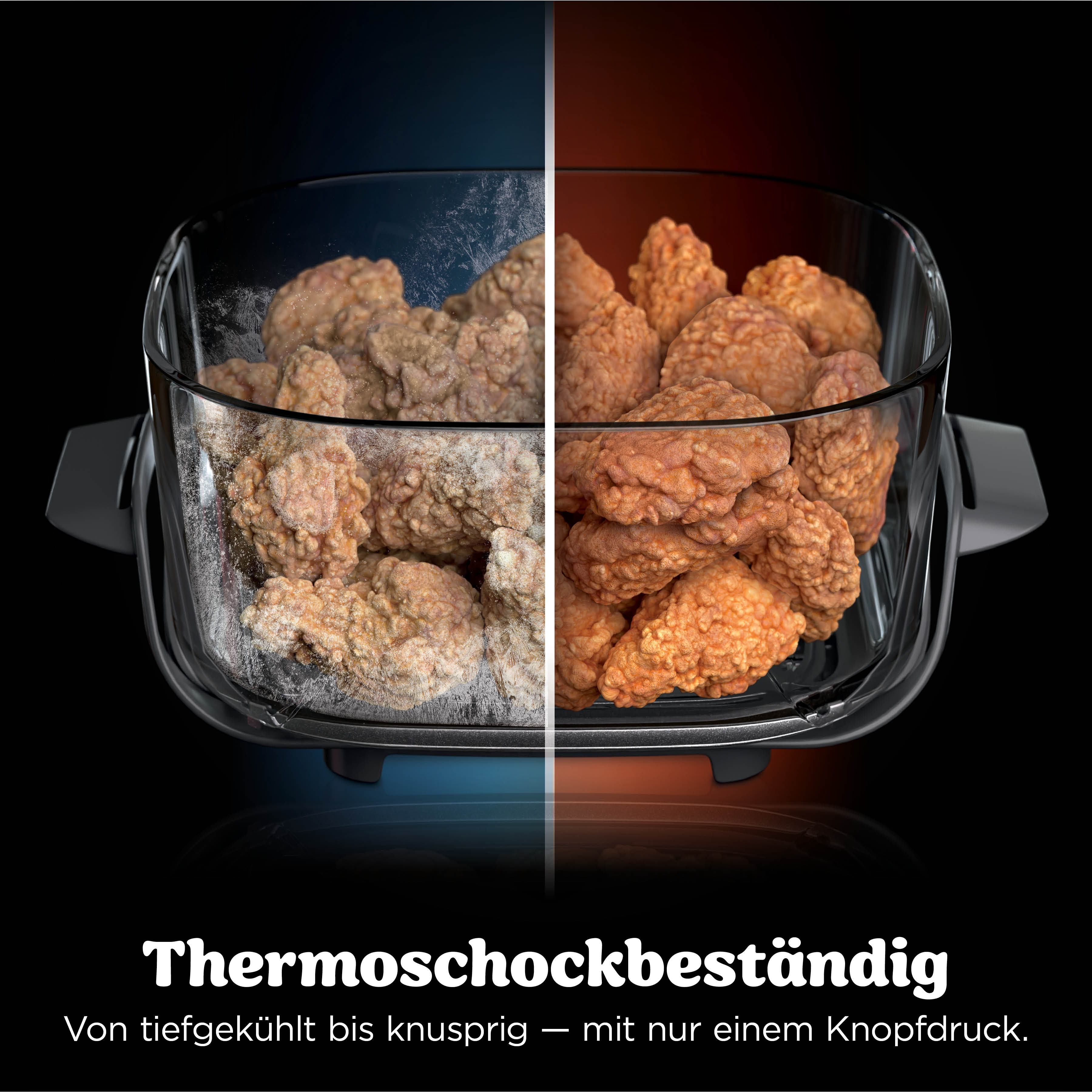 Un bol en verre avec des aliments frits, congelés à gauche, croustillants à droite.