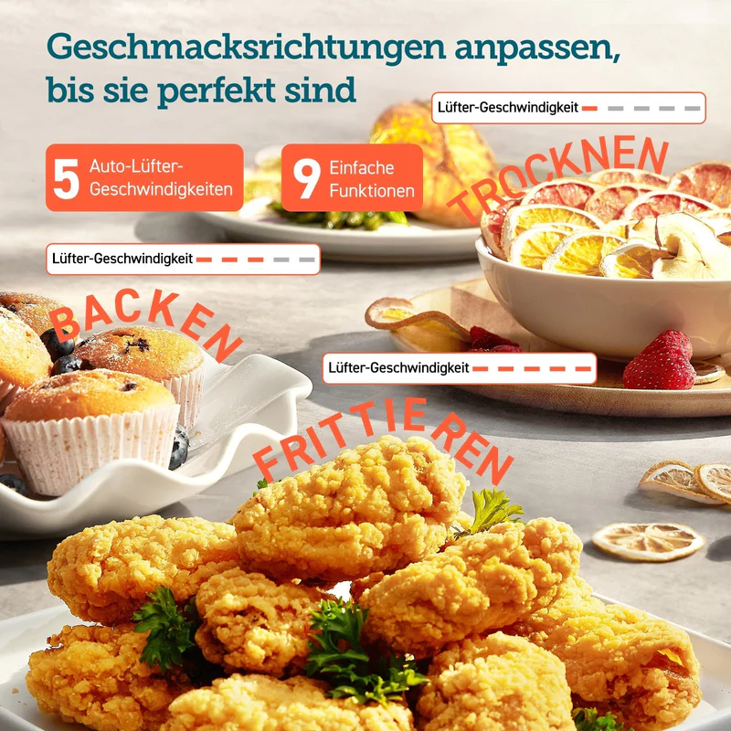 Poulet frit, muffins, fruits secs et texte sur l'ajustement des saveurs.