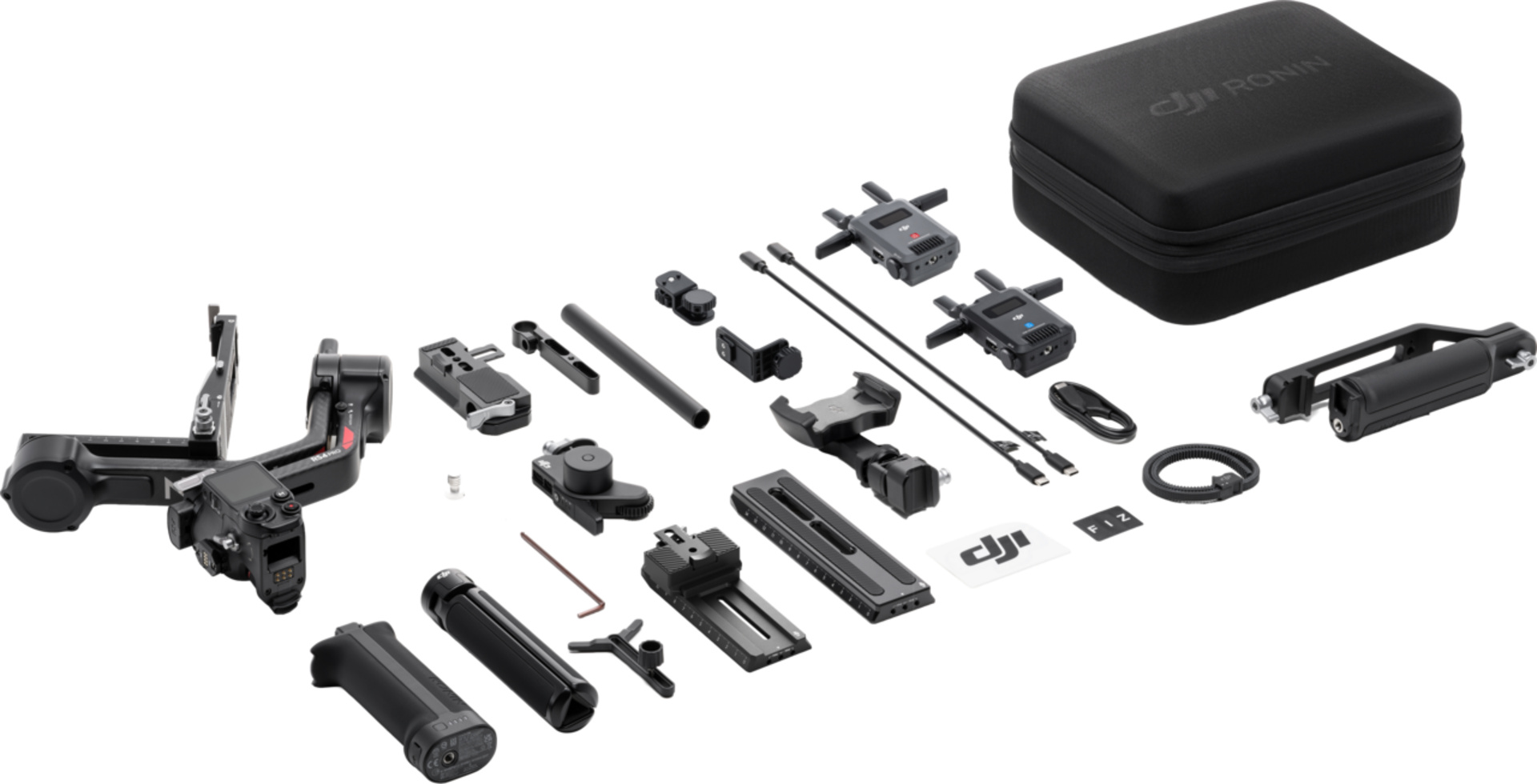 Un kit de stabilisateur DJI Ronin avec accessoires, y compris un étui, des poignées et des plaques.