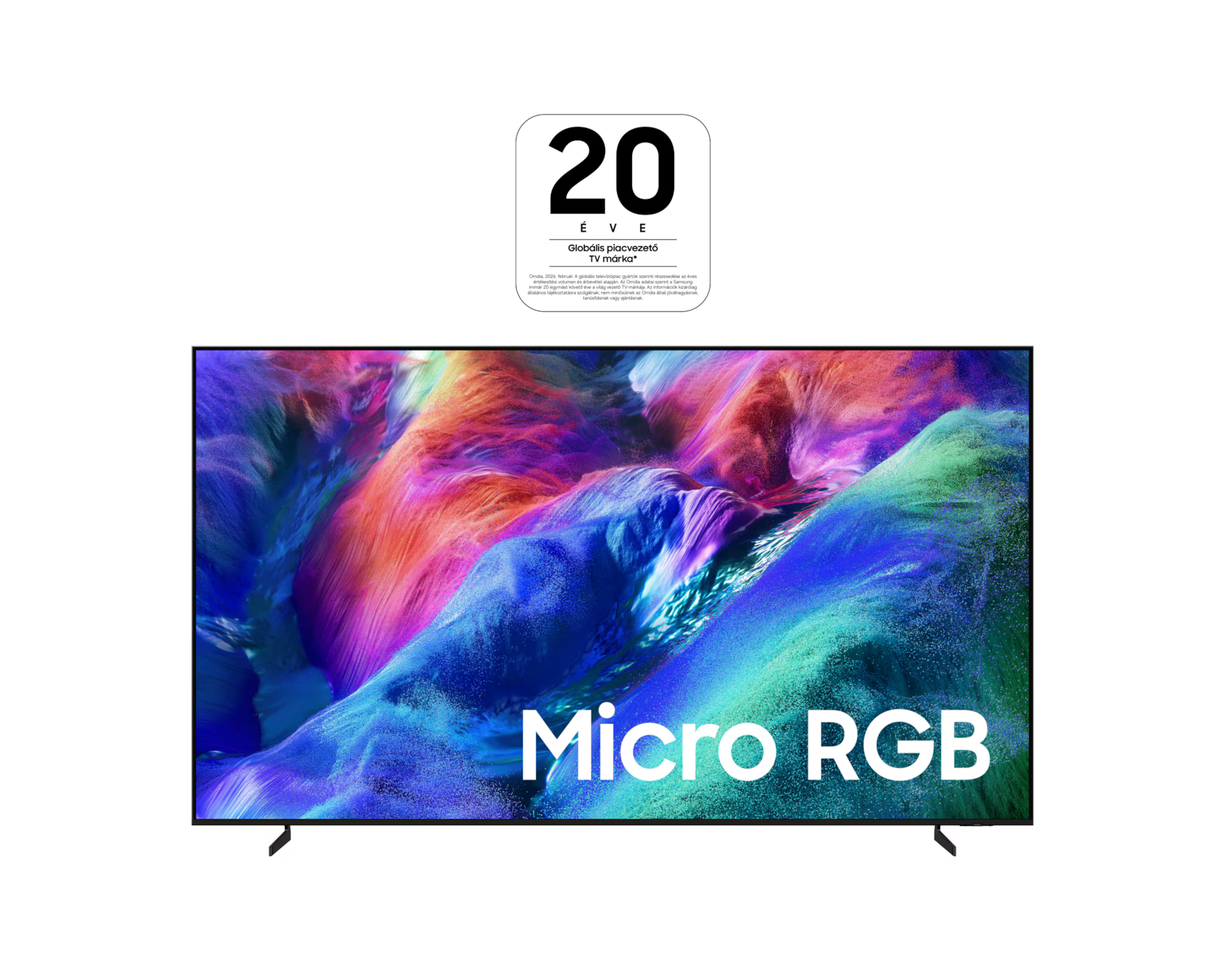 Modern TV élénk, színes absztrakt képpel és "Micro RGB" felirattal.
