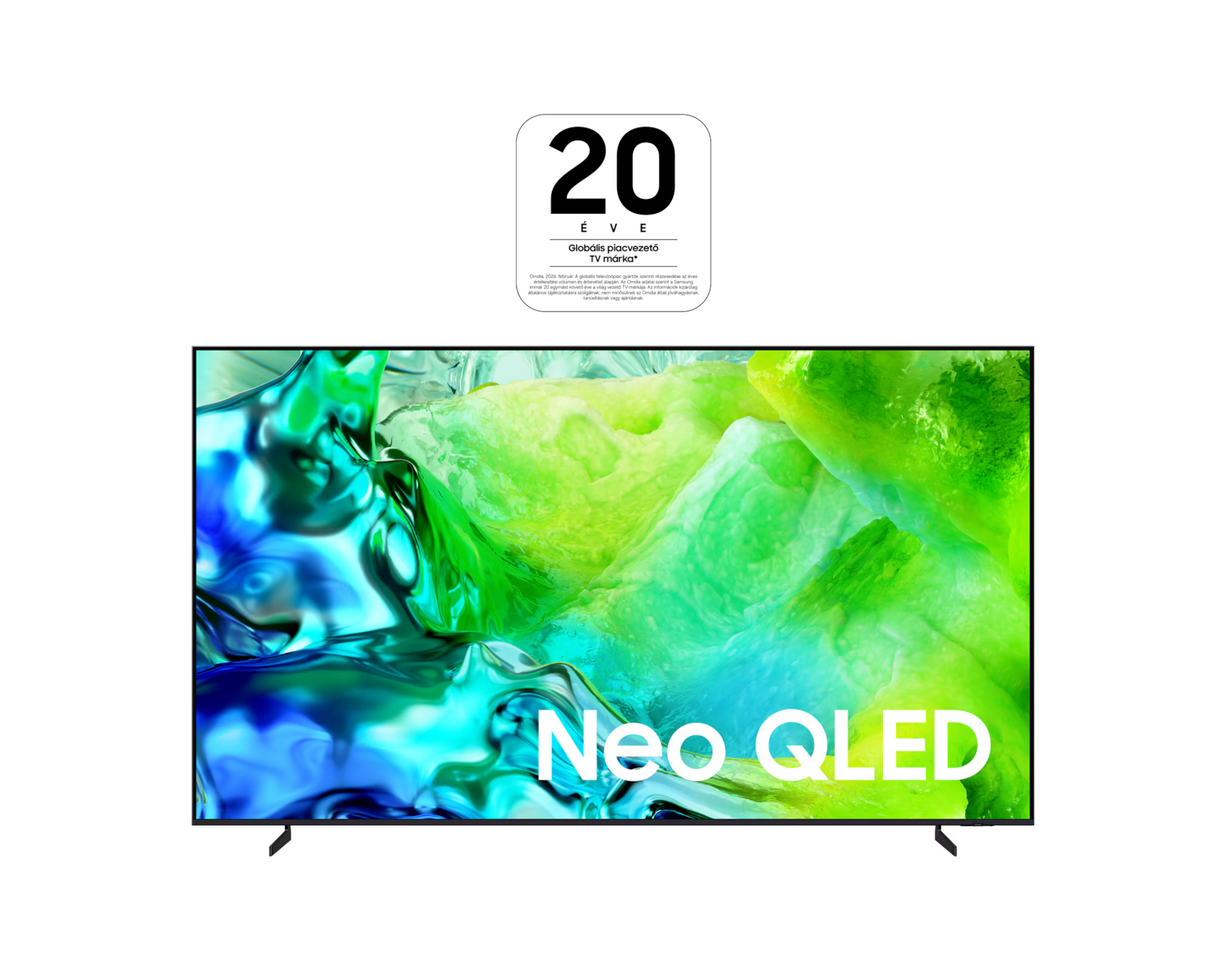 Samsung Neo QLED TV absztrakt zöld-kék háttérrel és logóval.